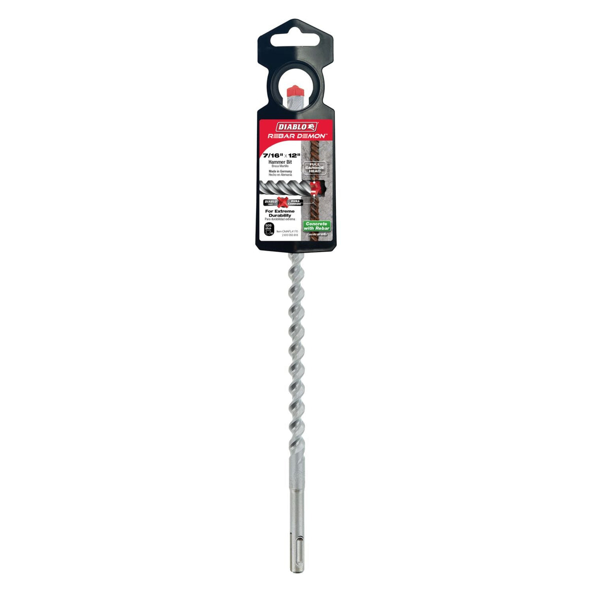 Diablo DMAPL4176 7/16 Inch x 10 Inch x 12 Inch Rebar Demon SDS-Plus 4-Cutter Full Carbide Head Hammer Drill Bit