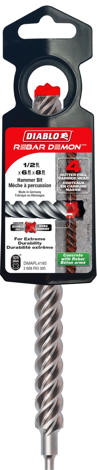 Diablo DMAPL4185 1/2 in. x 6 in. x 8 in. Rebar Demon SDS-Plus 4-Cutter Full Carbide Head Hammer Drill Bit
