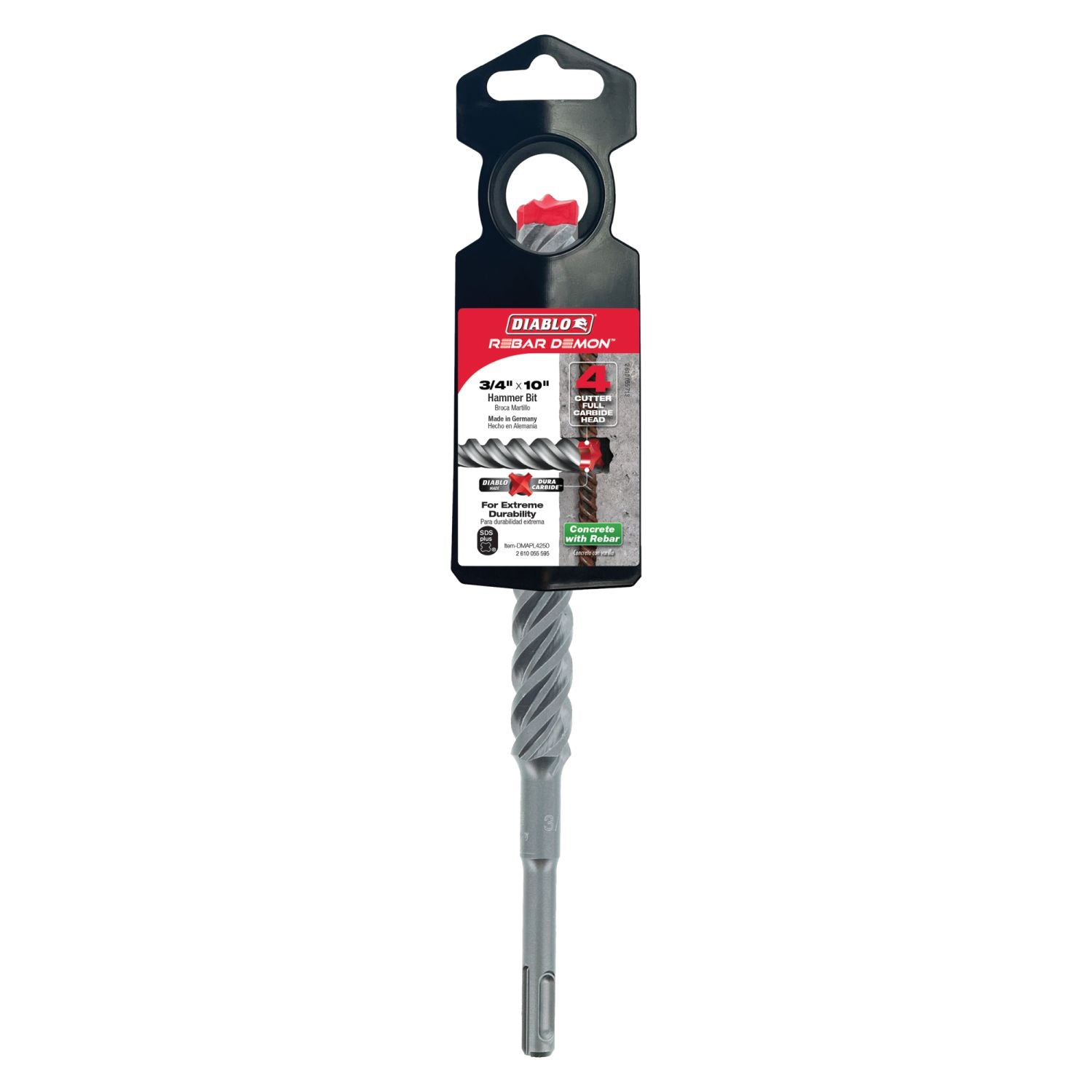 Diablo DMAPL4250 3/4 Inch x 8 Inch x 10 Inch Rebar Demon SDS-Plus 4-Cutter Full Carbide Head Hammer Drill Bit