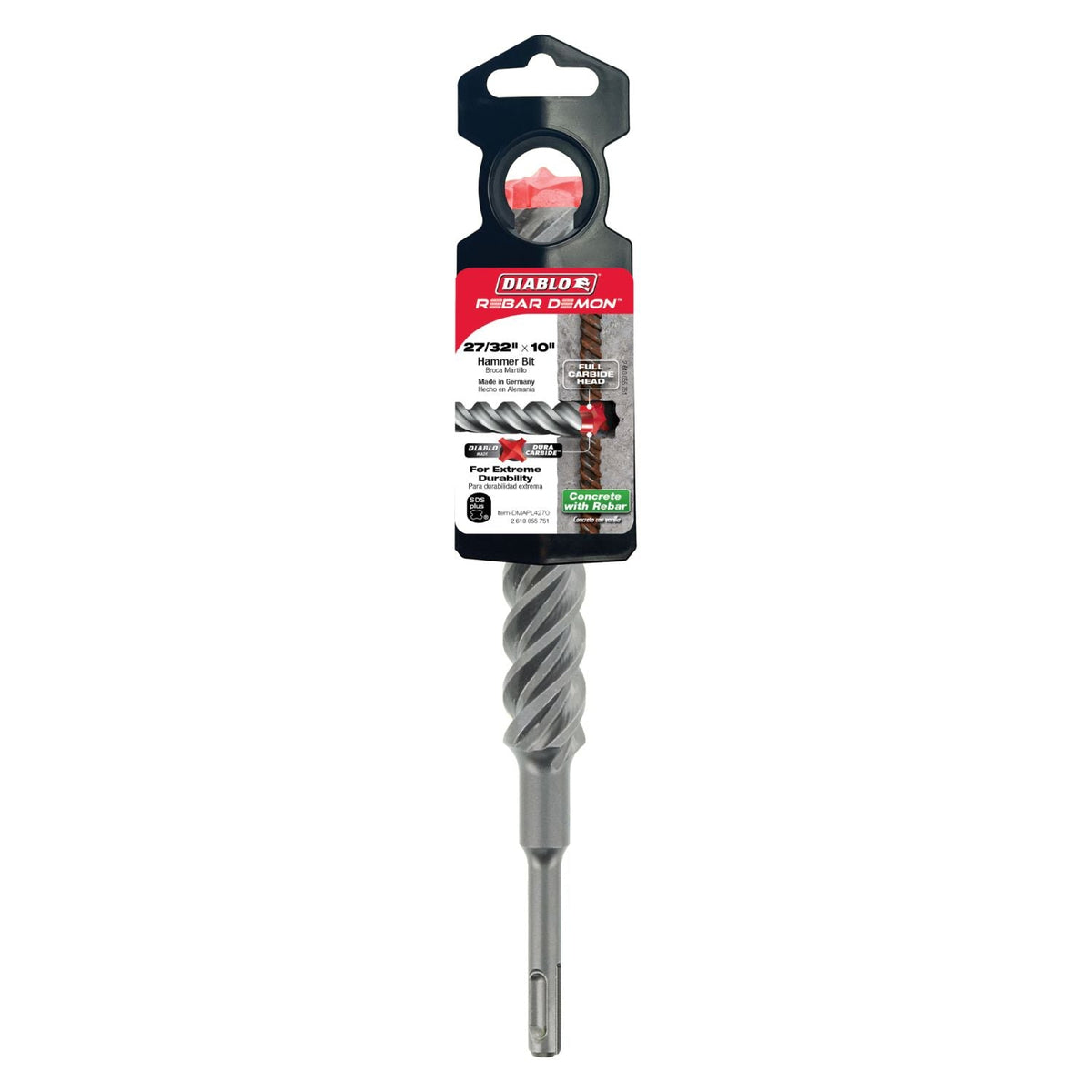 Diablo DMAPL4270 27/32 Inch x 8 Inch x 10 Inch Rebar Demon SDS-Plus 4-Cutter Full Carbide Head Hammer Drill Bit