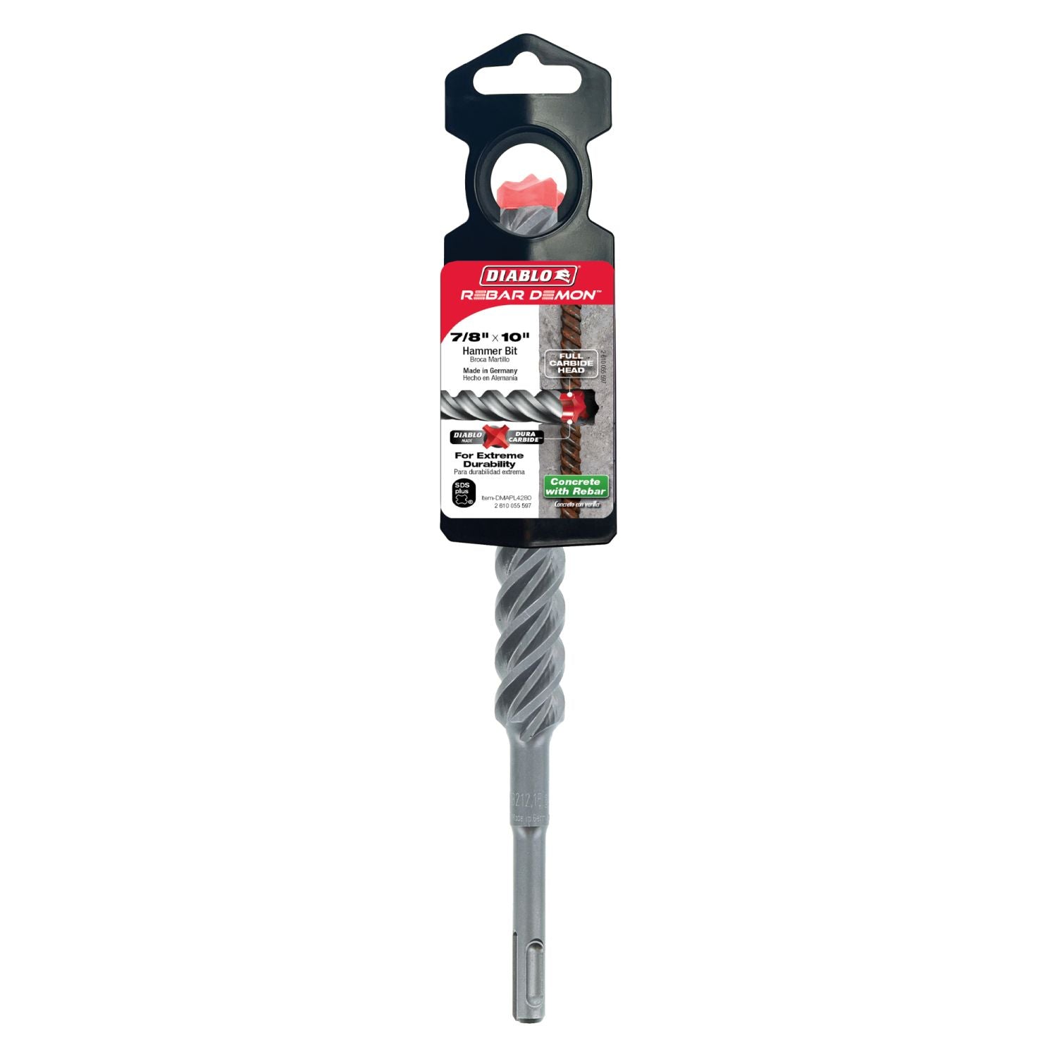 Diablo DMAPL4280 7/8 Inch x 8 Inch x 10 Inch Rebar Demon SDS-Plus 4-Cutter Full Carbide Head Hammer Drill Bit