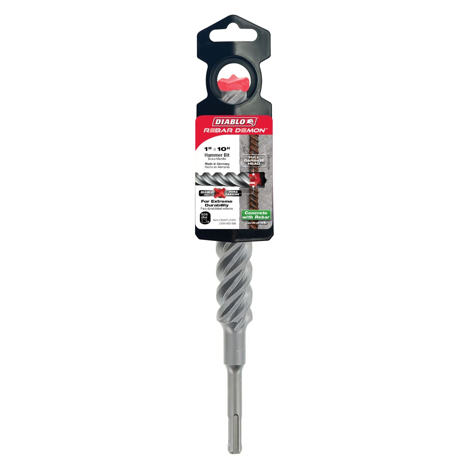 Diablo DMAPL4300 1 Inch x 8 Inch x 10 Inch Rebar Demon SDS-Plus 4-Cutter Full Carbide Head Hammer Drill Bit