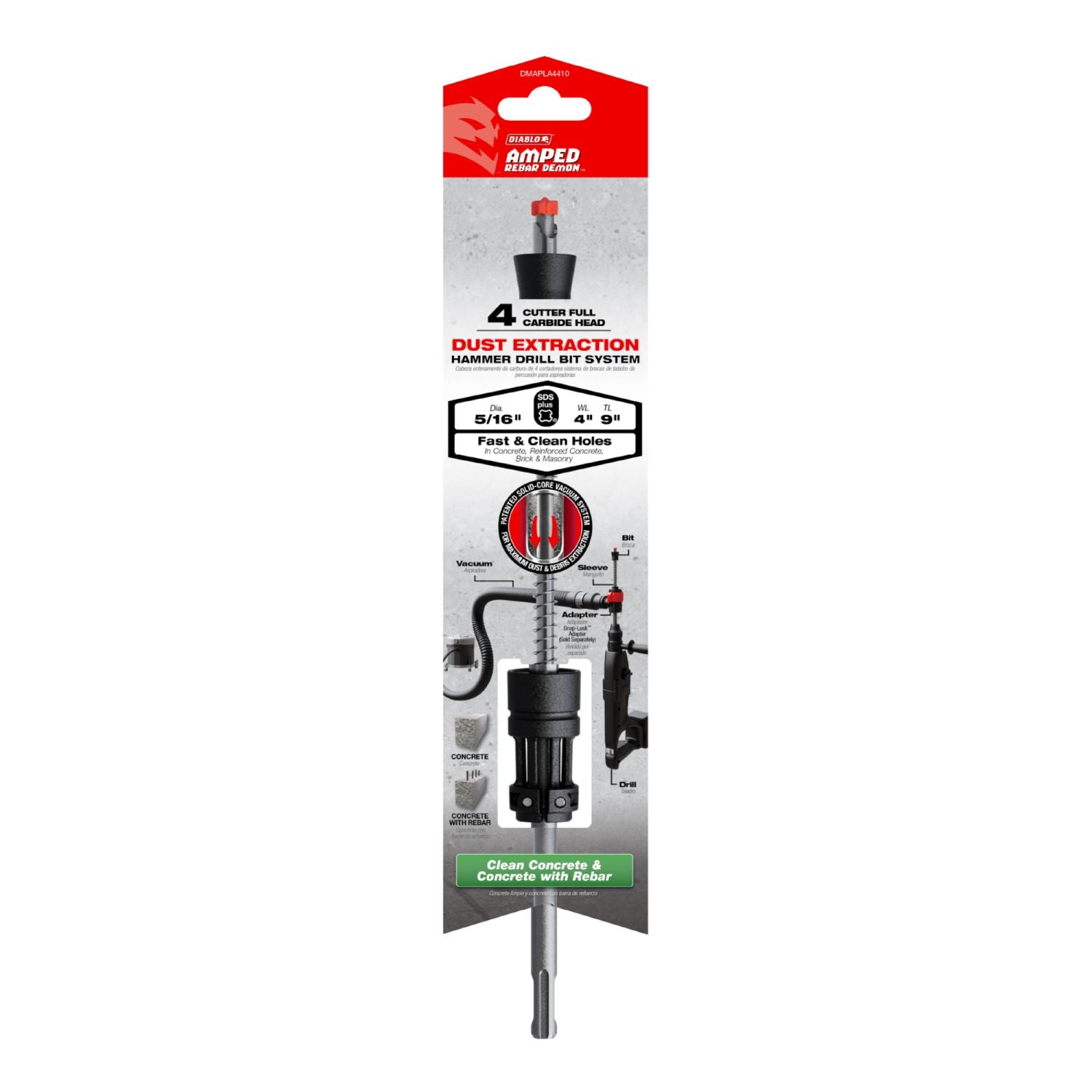 Diablo DMAPLA4410 5/16-in. x 4-in. x 9-in. AMPED Rebar Demon SDS-Plus 4-Cutter Full Carbide Head Dust Extraction Hammer Drill Bit