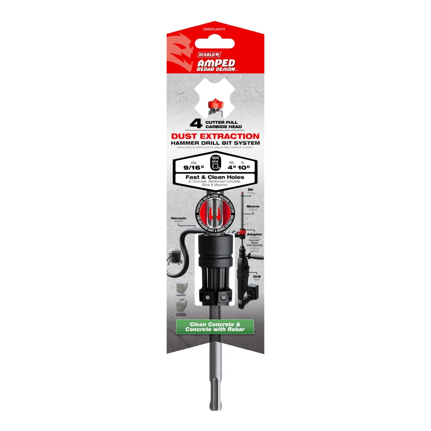 Diablo DMAPLA4470 9/16-in. x 4-in. x 10-in. AMPED Rebar Demon SDS-Plus 4-Cutter Full Carbide Head Dust Extraction Hammer Drill Bit