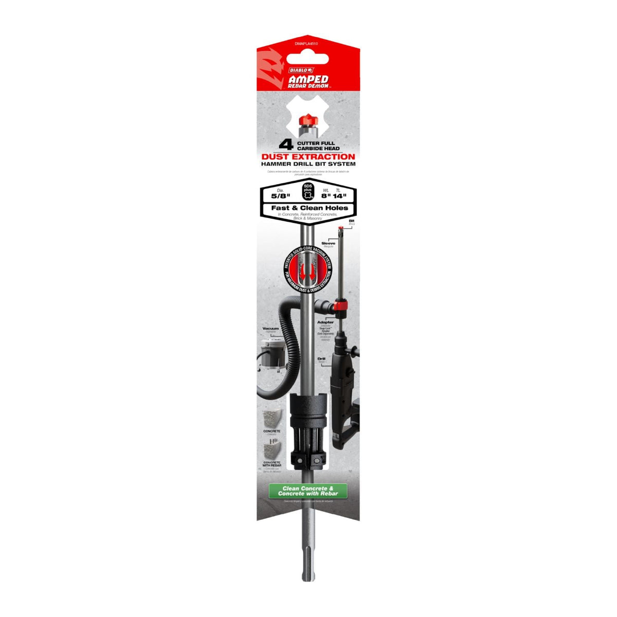 Diablo DMAPLA4510 5/8-in. x 8-in. x 14-in. AMPED Rebar Demon SDS-Plus 4-Cutter Full Carbide Head Dust Extraction Hammer Drill Bit