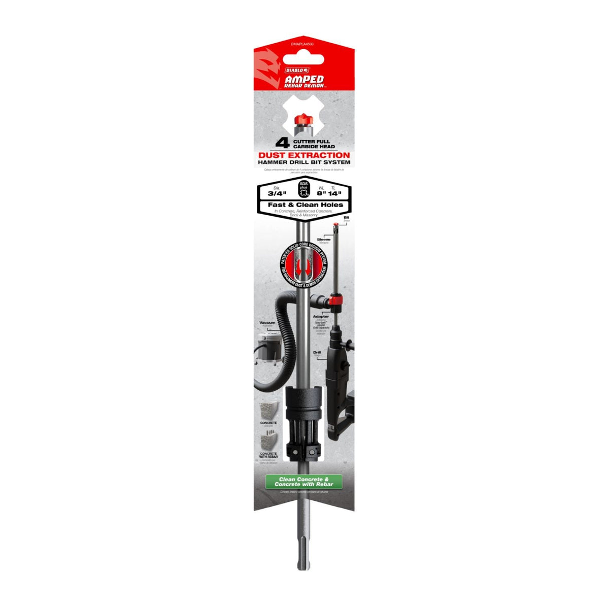 Diablo DMAPLA4560 3/4-in. x 8-in. x 14-in. AMPED Rebar Demon SDS-Plus 4-Cutter Full Carbide Head Dust Extraction Hammer Drill Bit