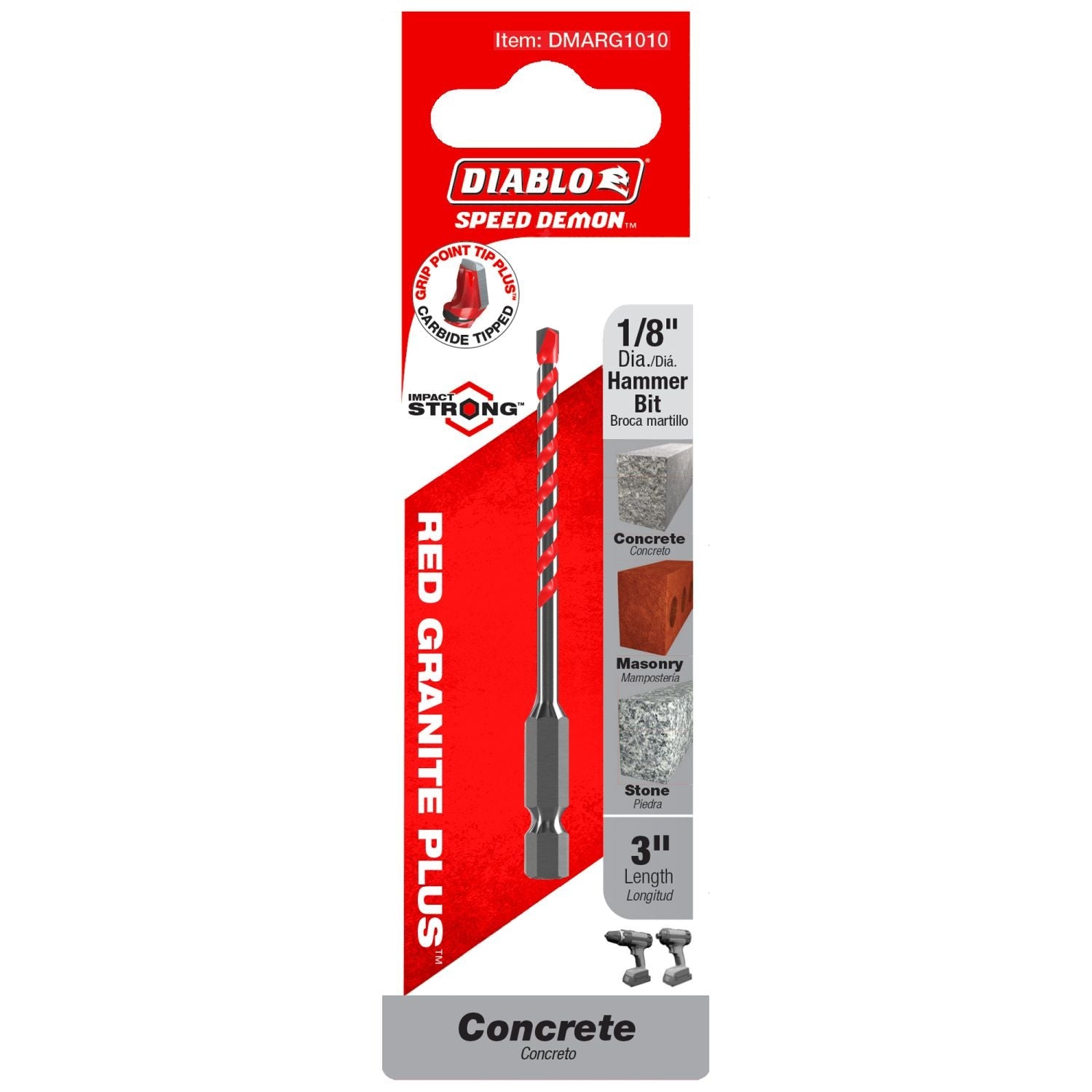 Diablo DMARG1010 1/8 Inch x 2 Inch x 3 Inch SPEEDemon Red Granite Carbide Tipped Hammer Drill Bit