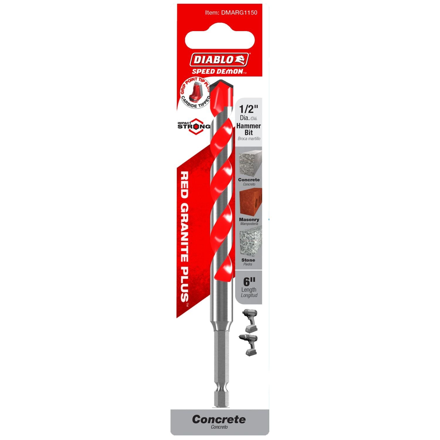 Diablo DMARG1150 1/2 Inch x 4 Inch x 6 Inch SPEEDemon Red Granite Carbide Tipped Hammer Drill Bit