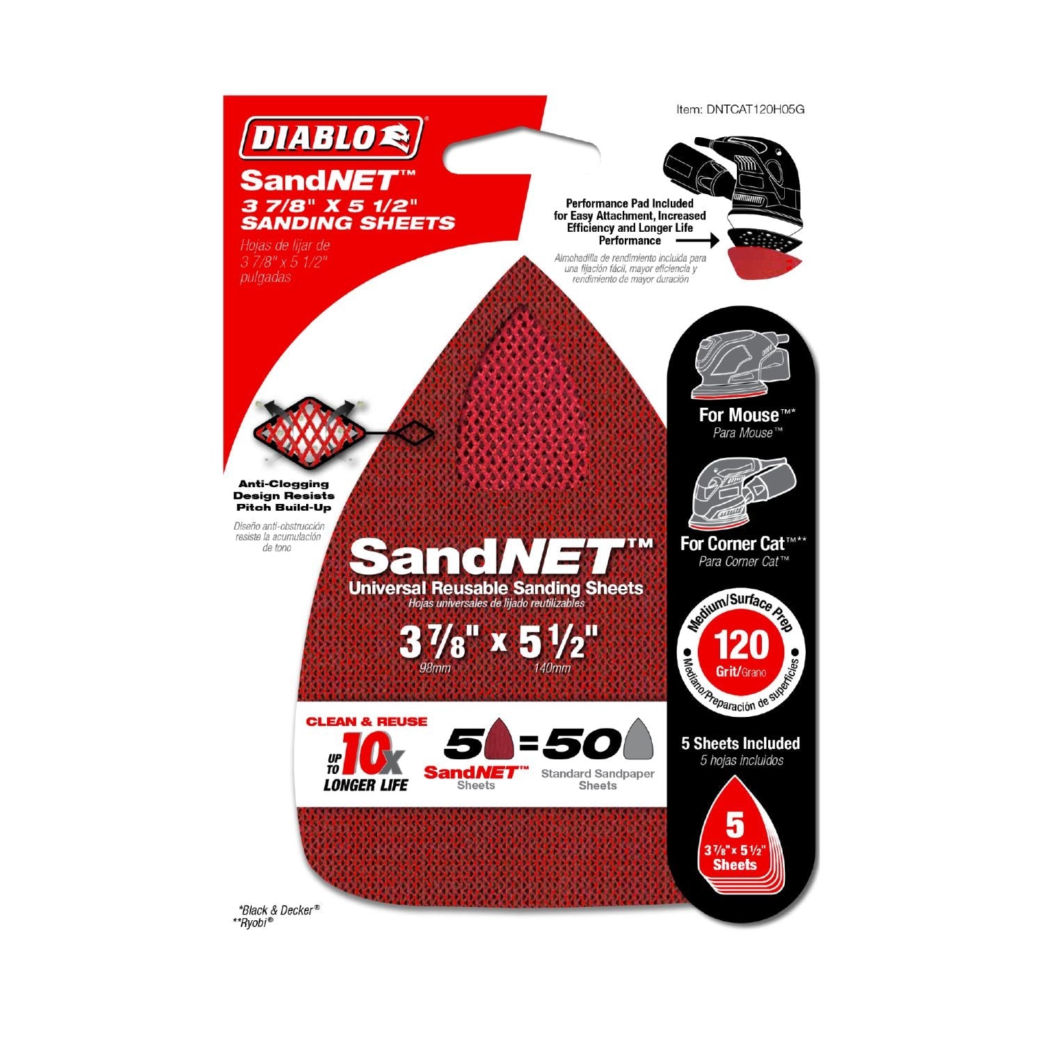 Diablo DNTCAT120H05G 3-7/8 in. x 5-1/2 in. 120 Grit SandNET CAT/Mouse Sanding Sheets (5-Piece)