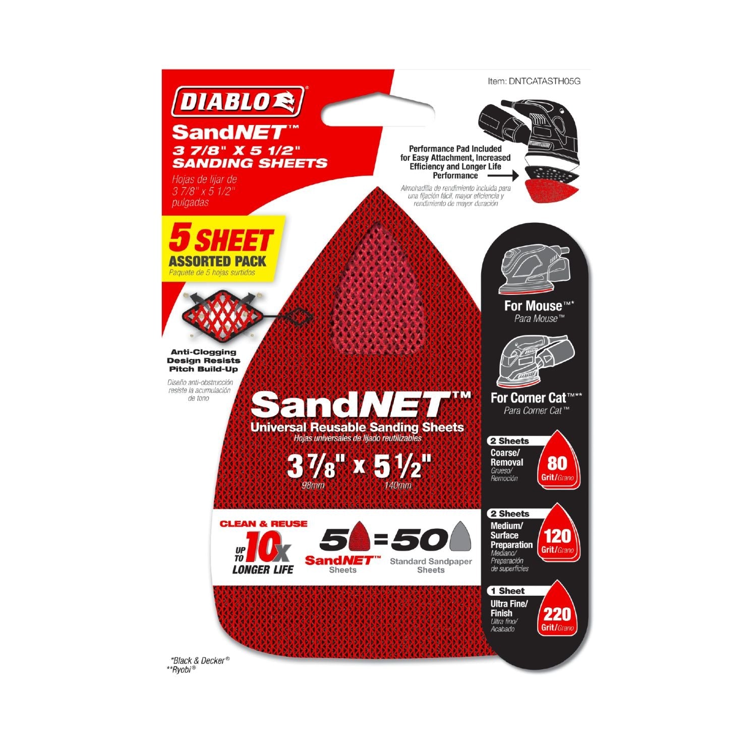 Diablo DNTCATASTH05G 3-7/8 in. x 5-1/2 in. CAT/Mouse SandNET Assorted Reusable Sanding Sheets (5-Piece)
