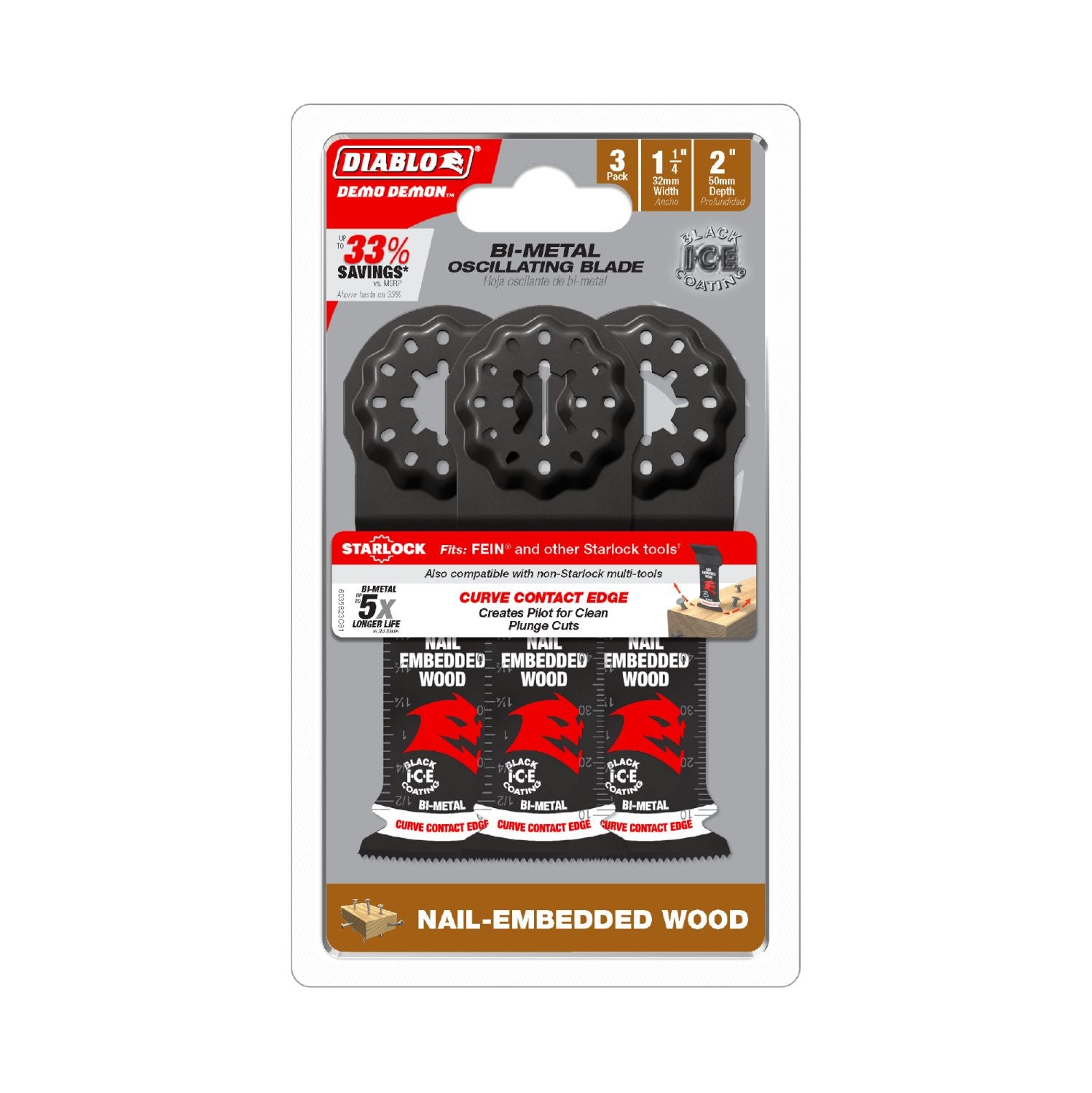 Diablo DOS125BW3 1-1/4-Inch Starlock Bi-Metal Oscillating Blades for Nail-Embedded Wood, 3-Pack