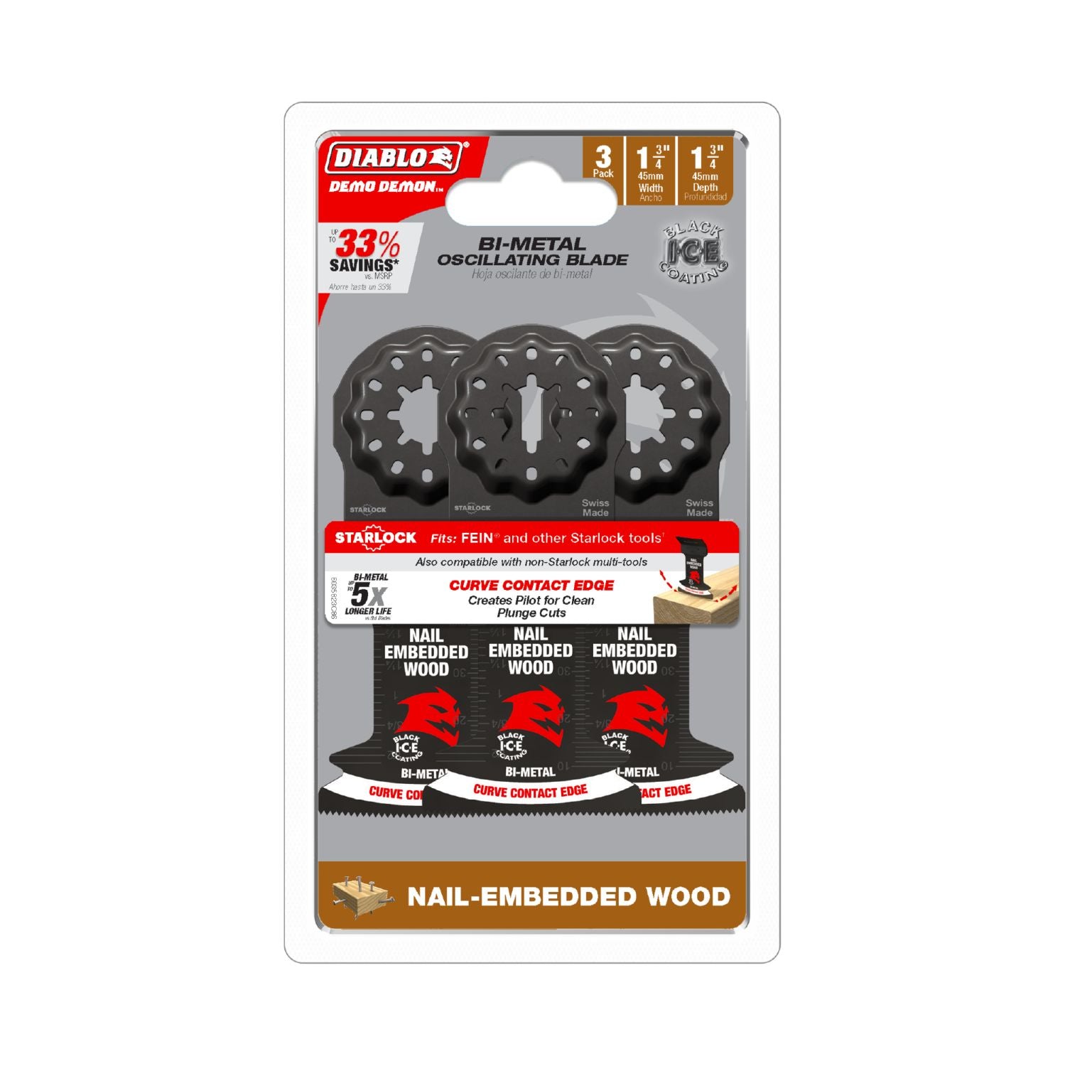 Diablo DOS175BW3 Demo Demon 1-3/4 in. Starlock Bi-Metal Oscillating Blades for Nail-Embedded Wood (3-Pack)