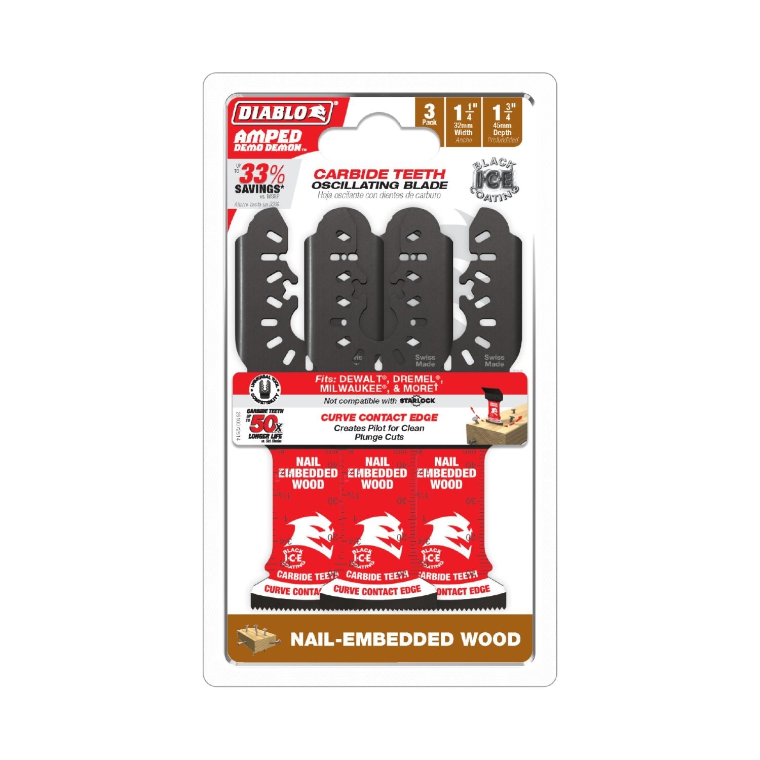 Diablo DOU125CW3 AMPED Demo Demon 1-1/4 in. Universal Carbide Teeth Oscillating Blade for Nail-Embedded Wood (3-Pack)