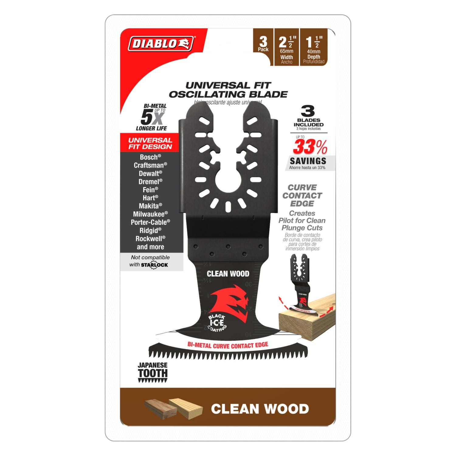 Diablo DOU250JBW3 2-1/2 in. Universal Bi-Metal Oscillating Blade for Clean Wood (3-Pack)