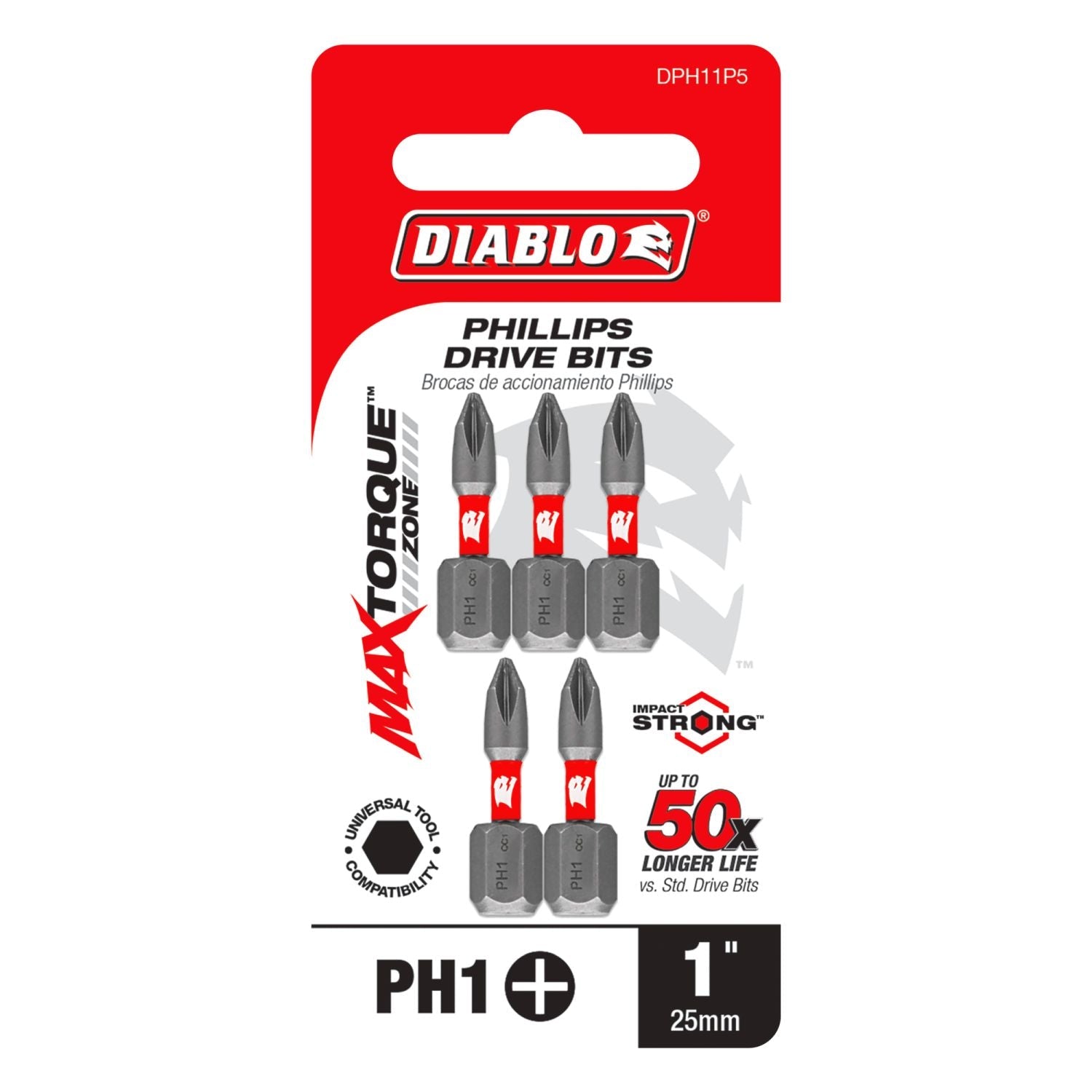 Diablo DPH11P5 1 Inch #1 Phillips Drive Bits , 5-Pack