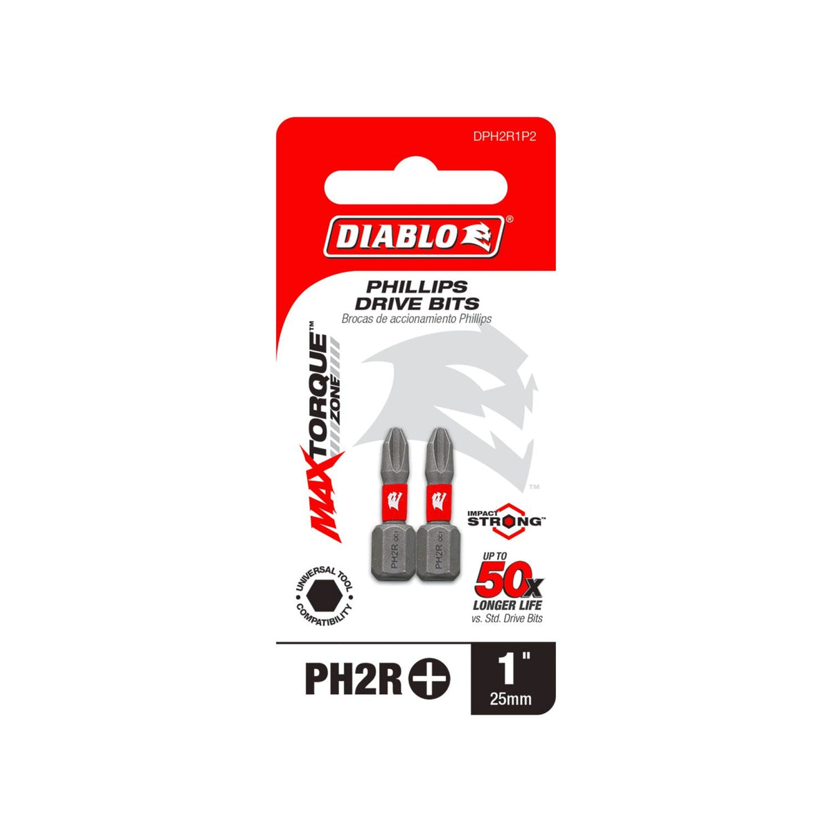 Diablo DPH2R1P2 1 Inch #2 Phillips Reduced for Drywall Screws Drive Bits , 2-Pack
