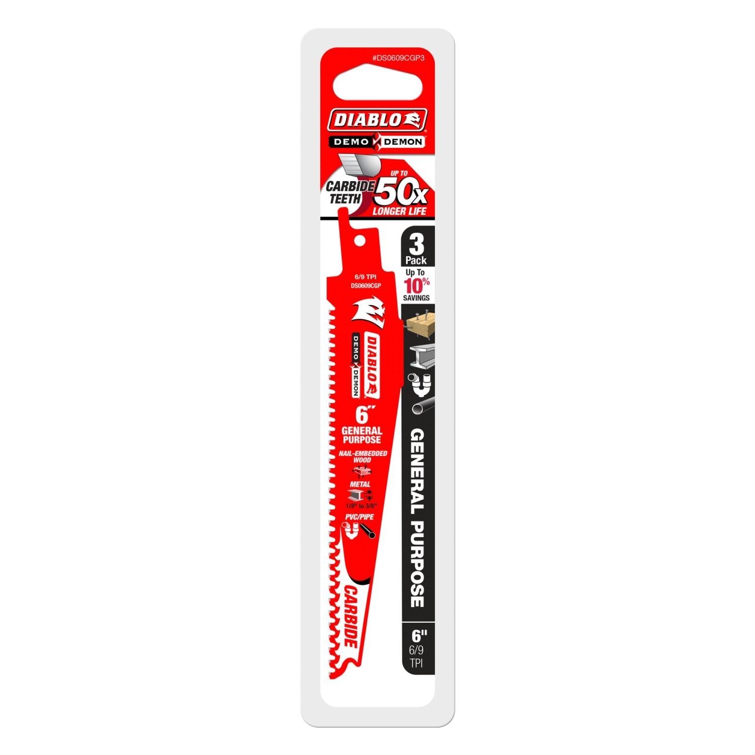 Diablo DS0609CGP3 6-Inch Demo Demon Carbide General Purpose Recip, 3-Pack