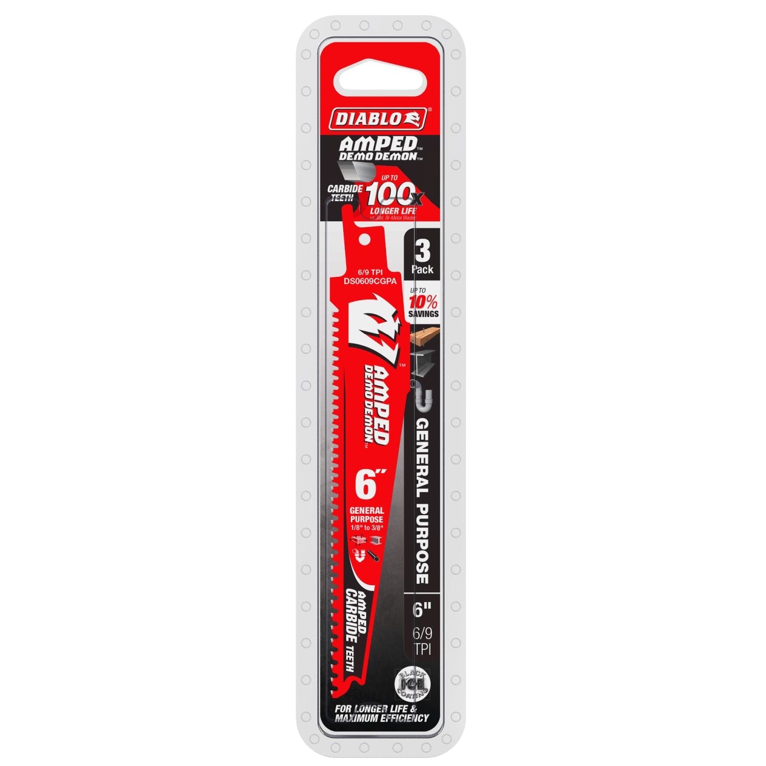 Diablo DS0609CGPA3 6 in. 6/9TPI AMPED Steel Demon Carbide Tooth Reciprocating Saw Blade for General Purpose Cuts (3-Pack)