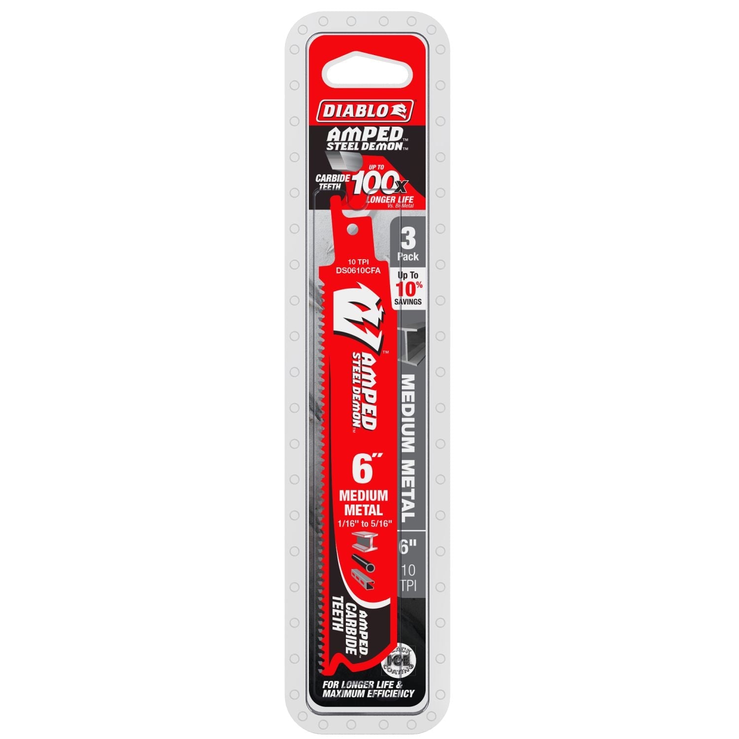 Diablo DS0610CFA3 6 in. 10TPI AMPED Steel Demon Carbide Tooth Reciprocating Saw Blade for Medium Metal (3-Pack)