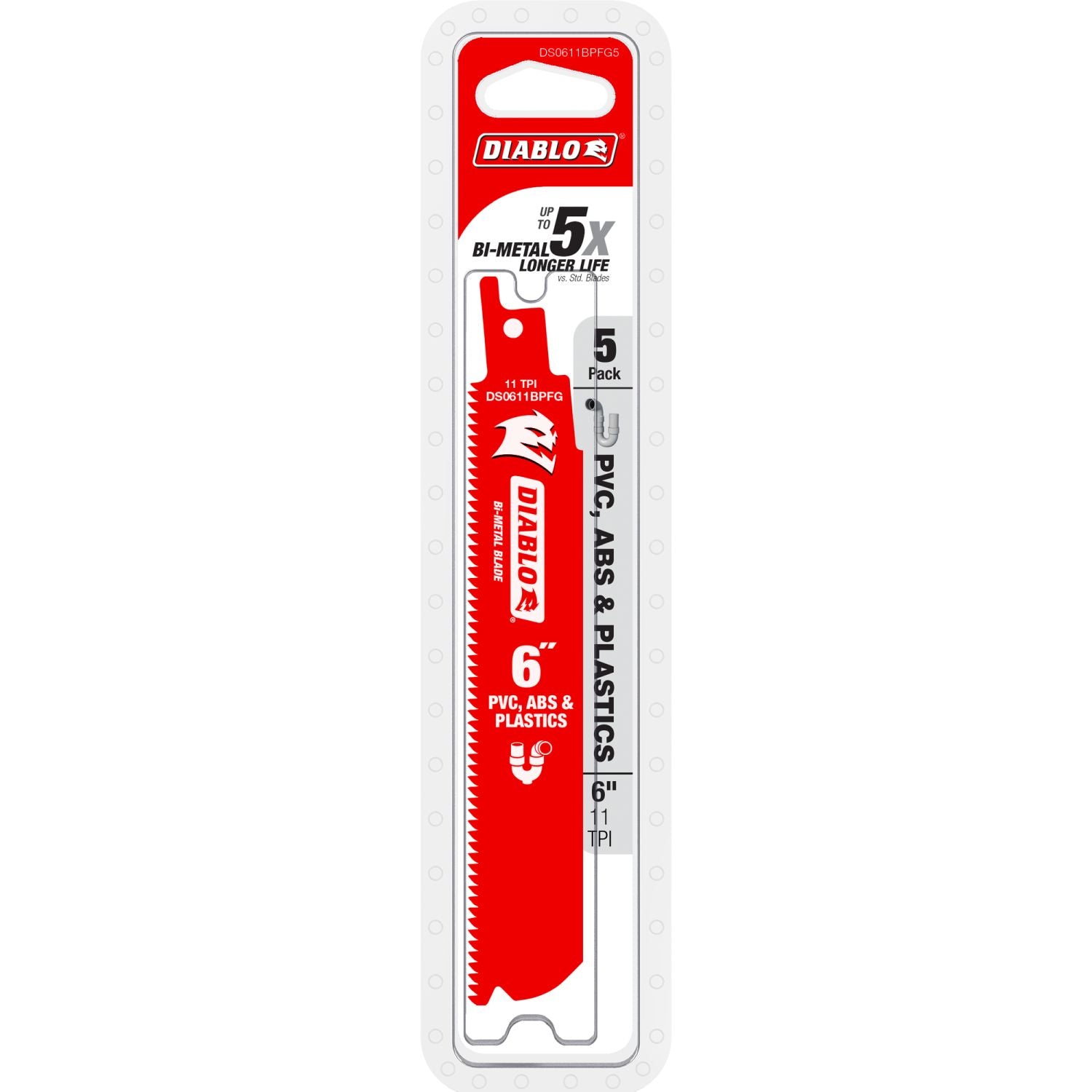 Diablo DS0611BPFG5 6" 11TPI Bi-Metal Reciprocating Saw Blade for PVC, ABS, and Plastics (5-Pack)