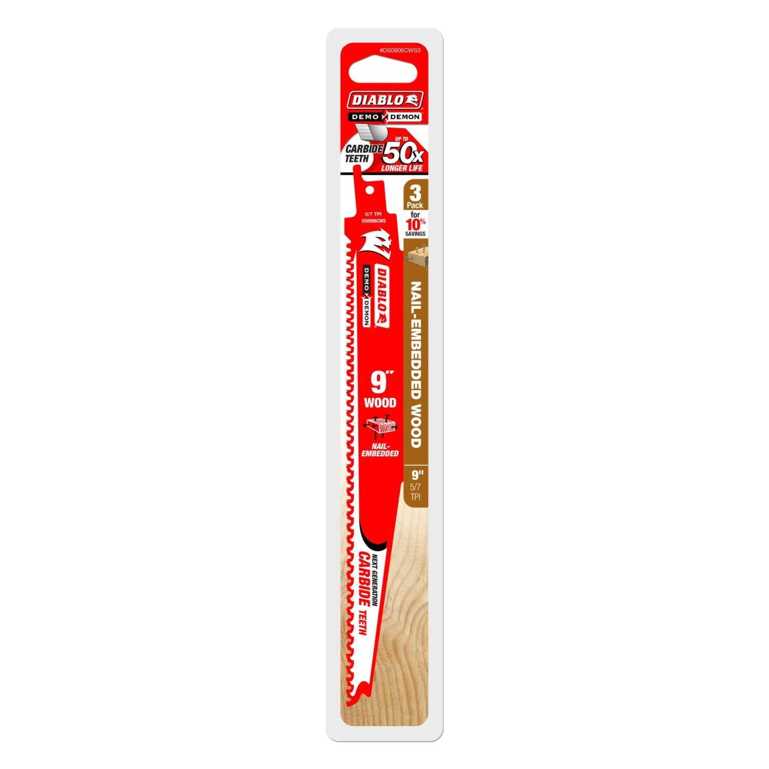 Diablo DS0906CWS3 9-Inch Demo Demon Carbide Recip Blade for Nail-Embedded Wood, 3 Pack