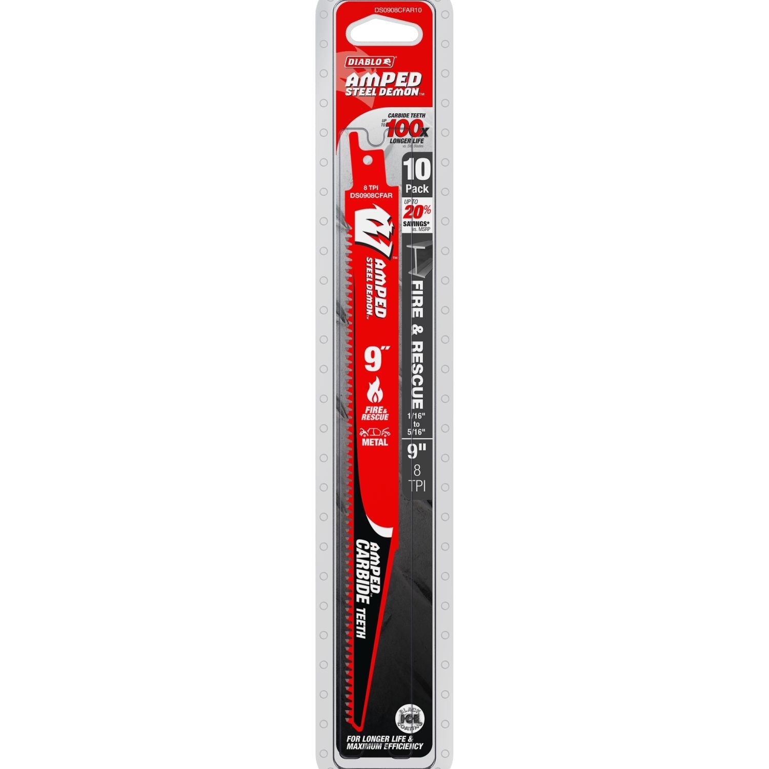 Diablo DS0908CFAR10 9 in. 8 TPI AMPED Steel Demon Carbide Teeth Reciprocating Saw Blade for Fire & Rescue (10-Pack)