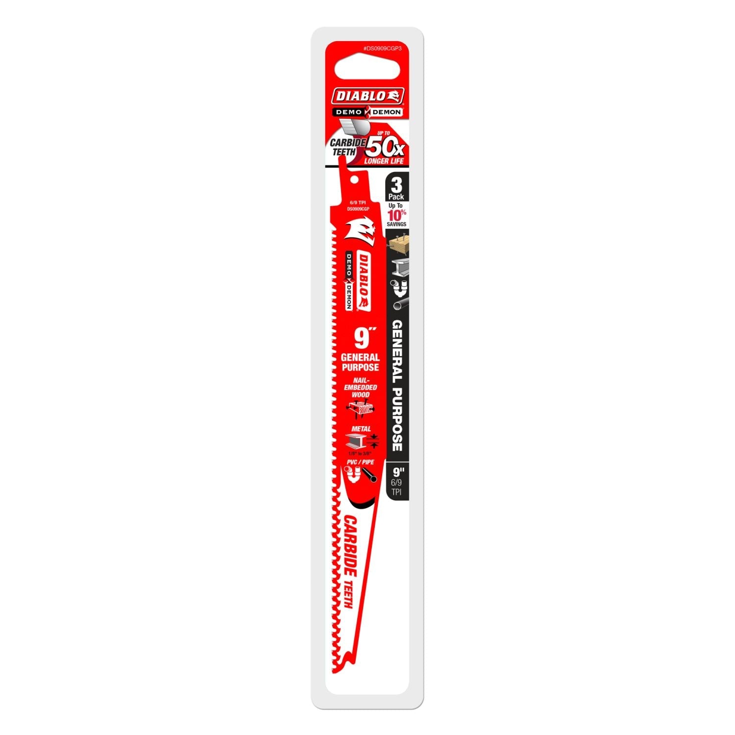 Diablo DS0909CGP3 9-Inch Demo Demon Carbide General Purpose Recip, 3-Pack
