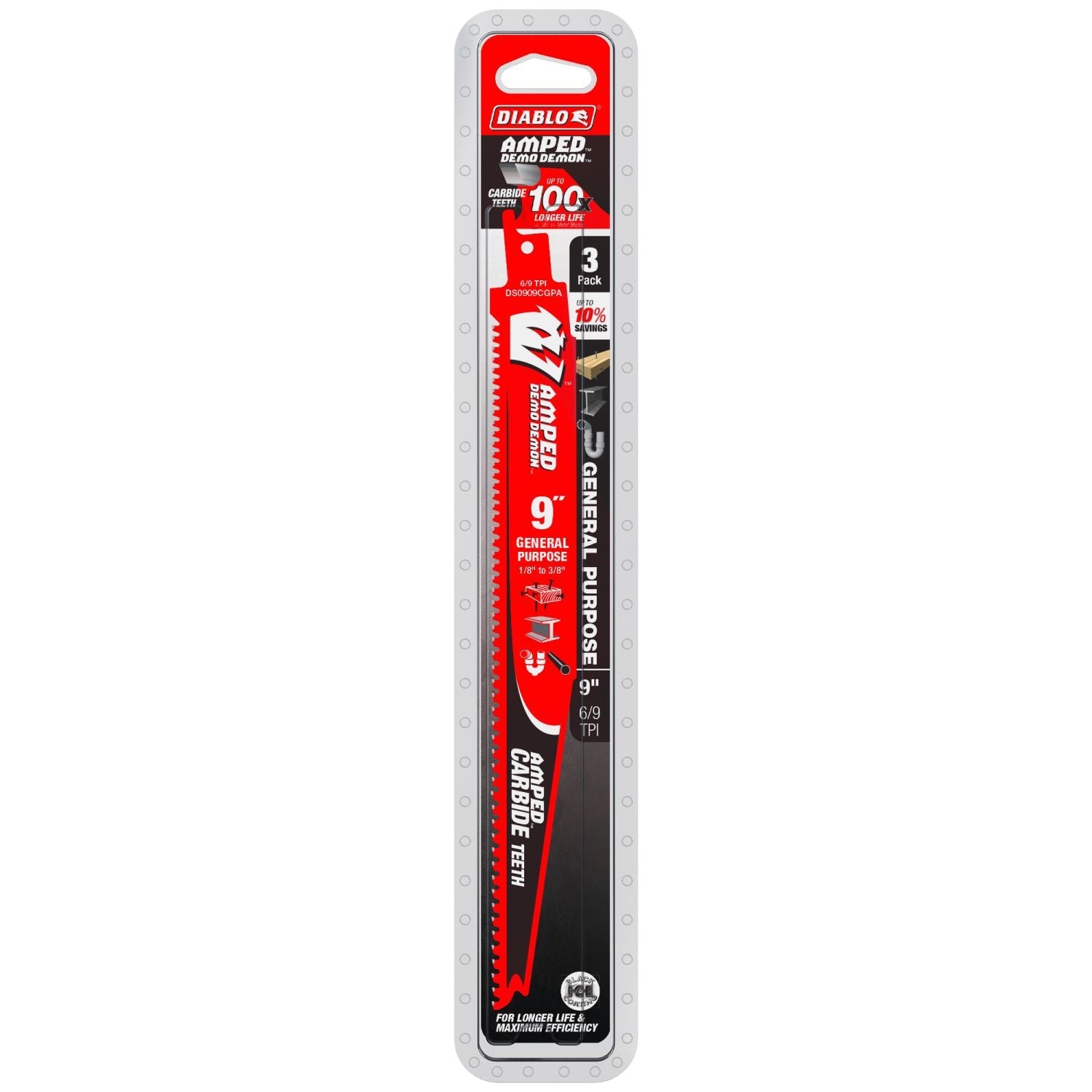 Diablo DS0909CGPA3 9 in. 6/9TPI AMPED Demo Demon Carbide Tooth Reciprocating Saw Blade for General Purpose Cuts (3-Pack)