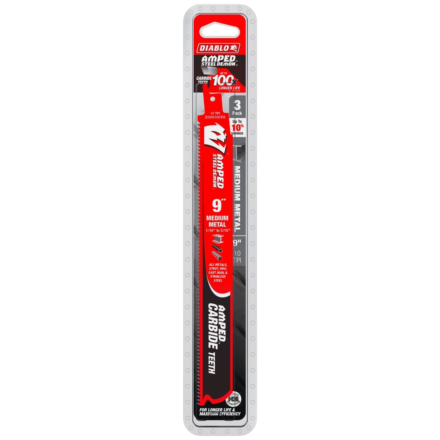 Diablo DS0910CFA3 9 in. 10TPI AMPED Steel Demon Carbide Tooth Reciprocating Saw Blade for Medium Metal (3-Pack)