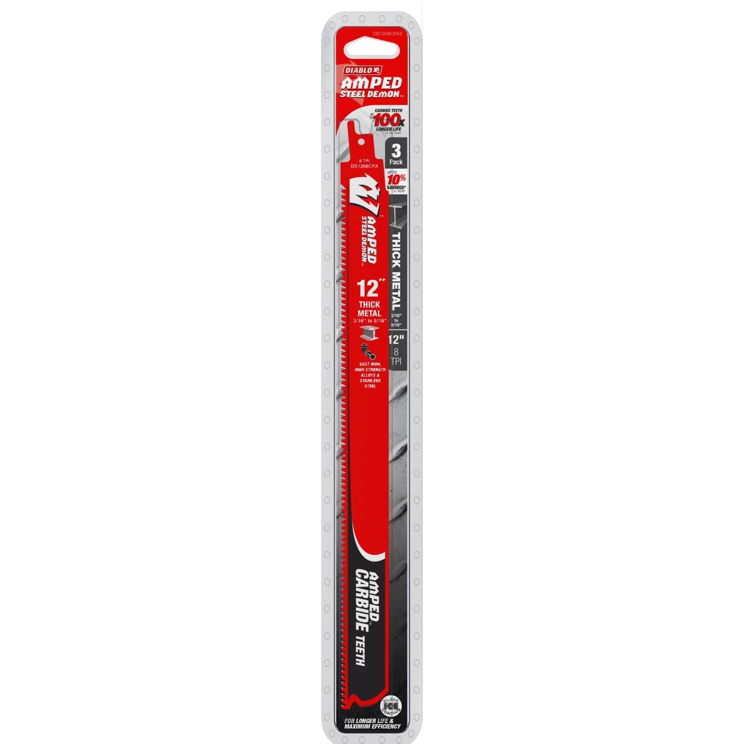 Diablo DS1208CFA3 12 in. 8TPI AMPED Steel Demon Carbide Teeth Reciprocating Saw Blades for Thick Metal (3-Pack)
