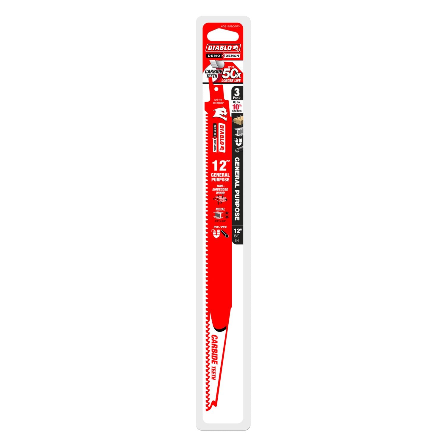 Diablo DS1209CGP3 12-Inch Demo Demon Carbide General Purpose Recip, 3-Pack
