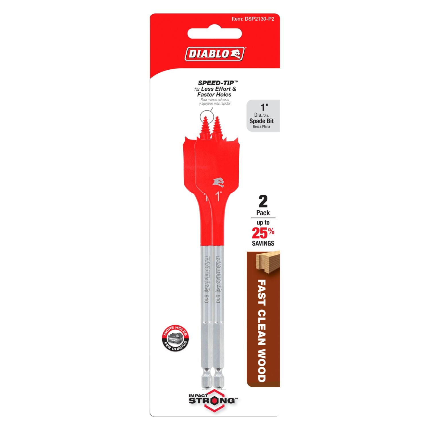 Diablo DSP2130-P2 1-in. x 6-in. Spade Bits for Wood, 2-Pack