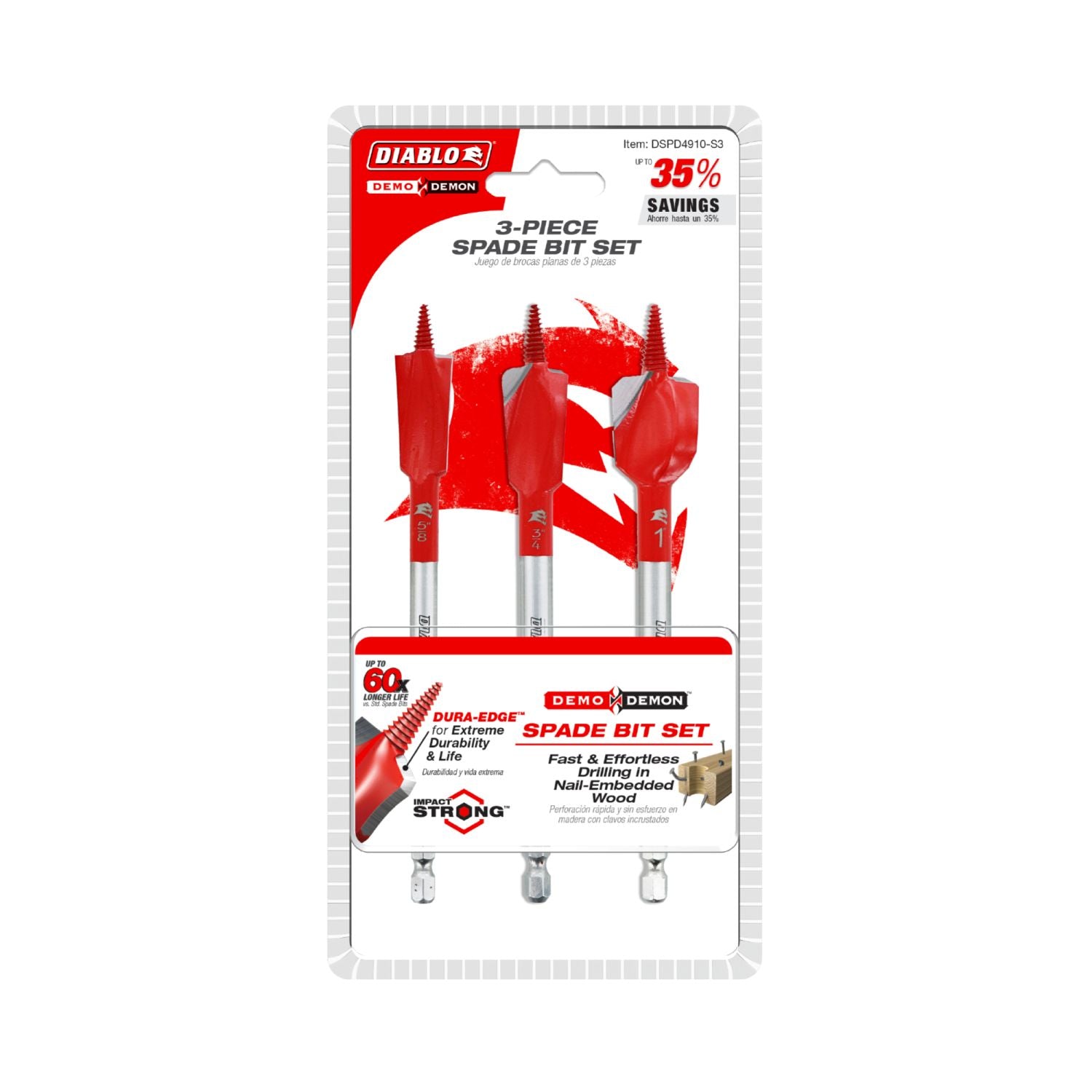 Diablo DSPD4910-S3 Demo Demon 3-Piece Spade Bit Set for Nail-Embedded Wood