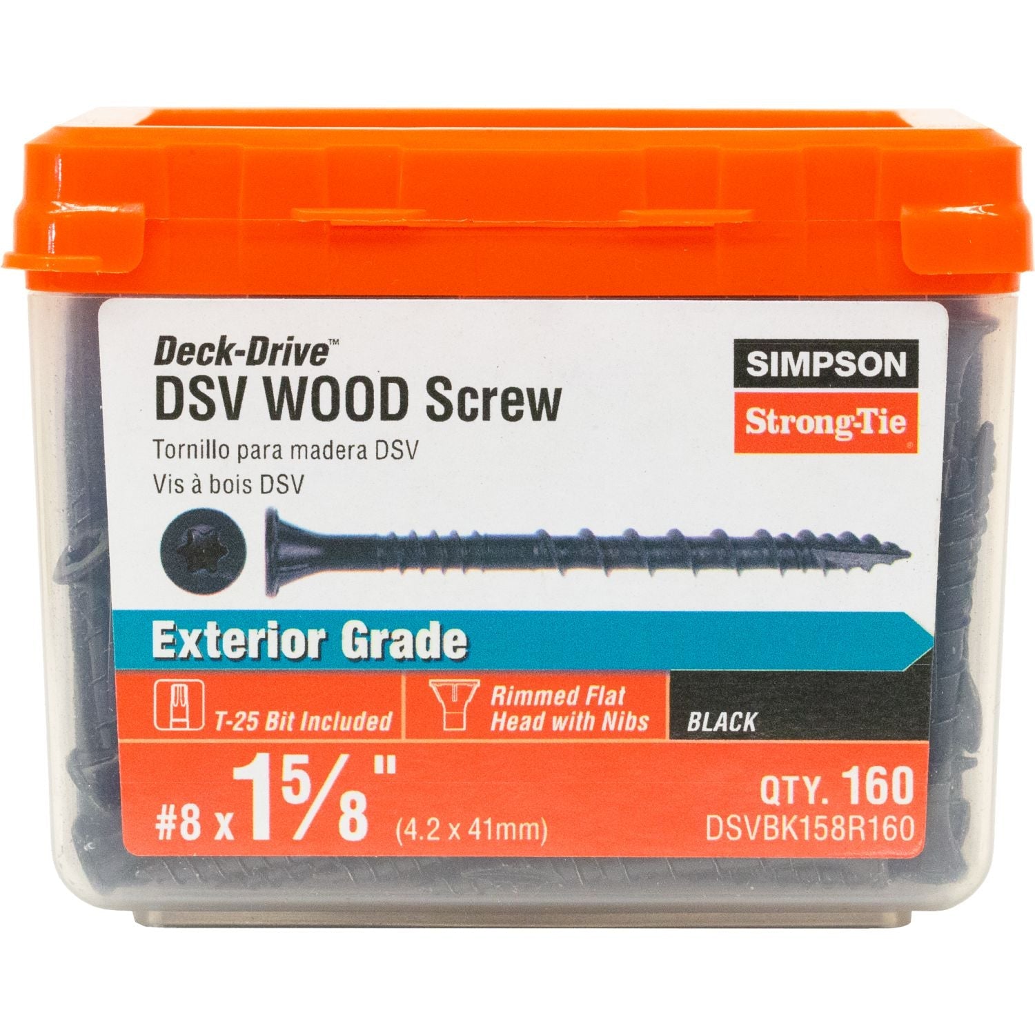 Simpson Strong-Tie DSVBK158R160 Deck-Drive DSV WOOD Screw,  #8 x 1-5/8-in. T25, Flat Head, Quik Guard, Black, 160-Pack