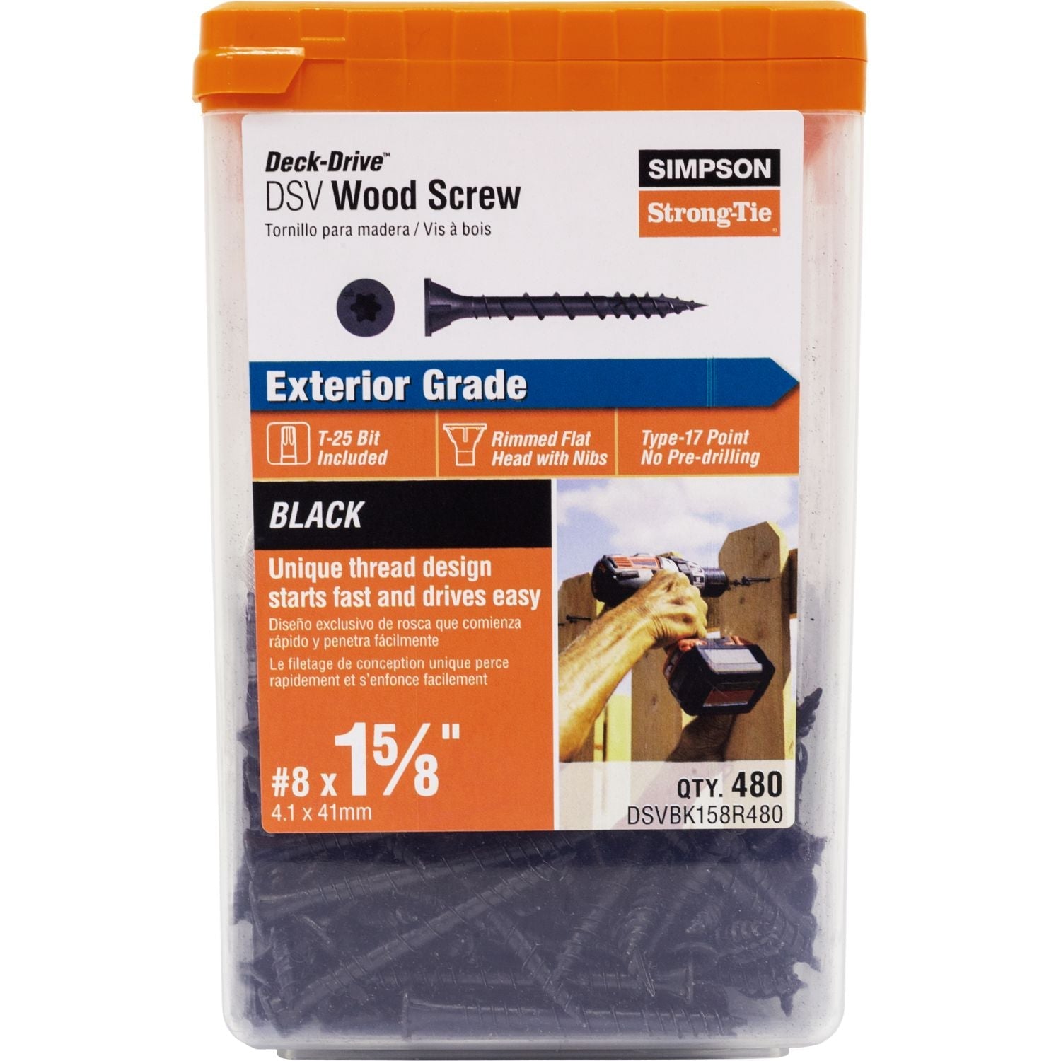 Simpson Strong-Tie DSVBK158R480 Deck-Drive DSV WOOD Screw,  #8 x 1-5/8-in. T25, Flat Head, Quik Guard, Black, 480-Pack