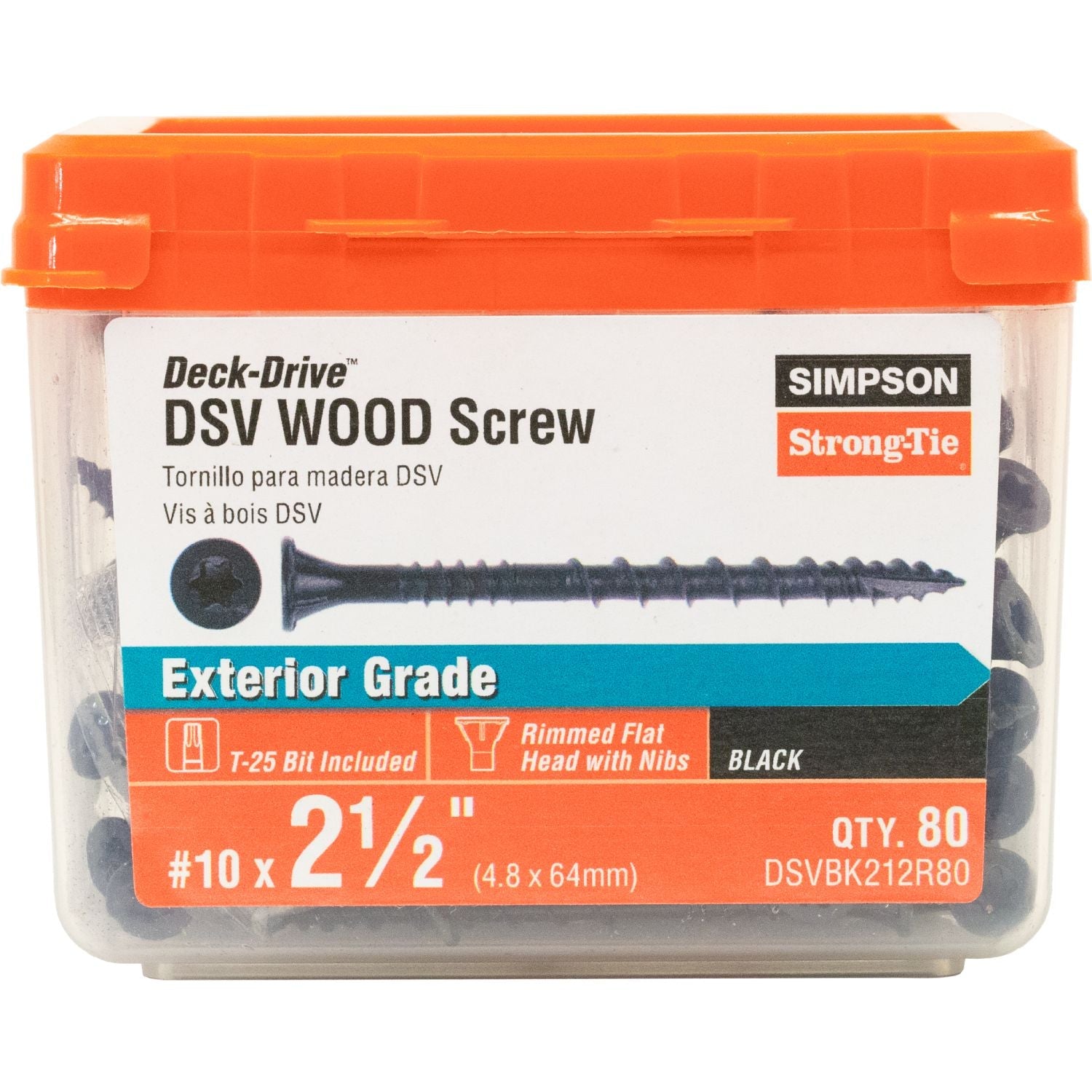 Simpson Strong-Tie DSVBK212R80 Deck-Drive DSV WOOD Screw,  #10 x 2-1/2-in. T25, Flat Head, Quik Guard, Black, 80-Pack