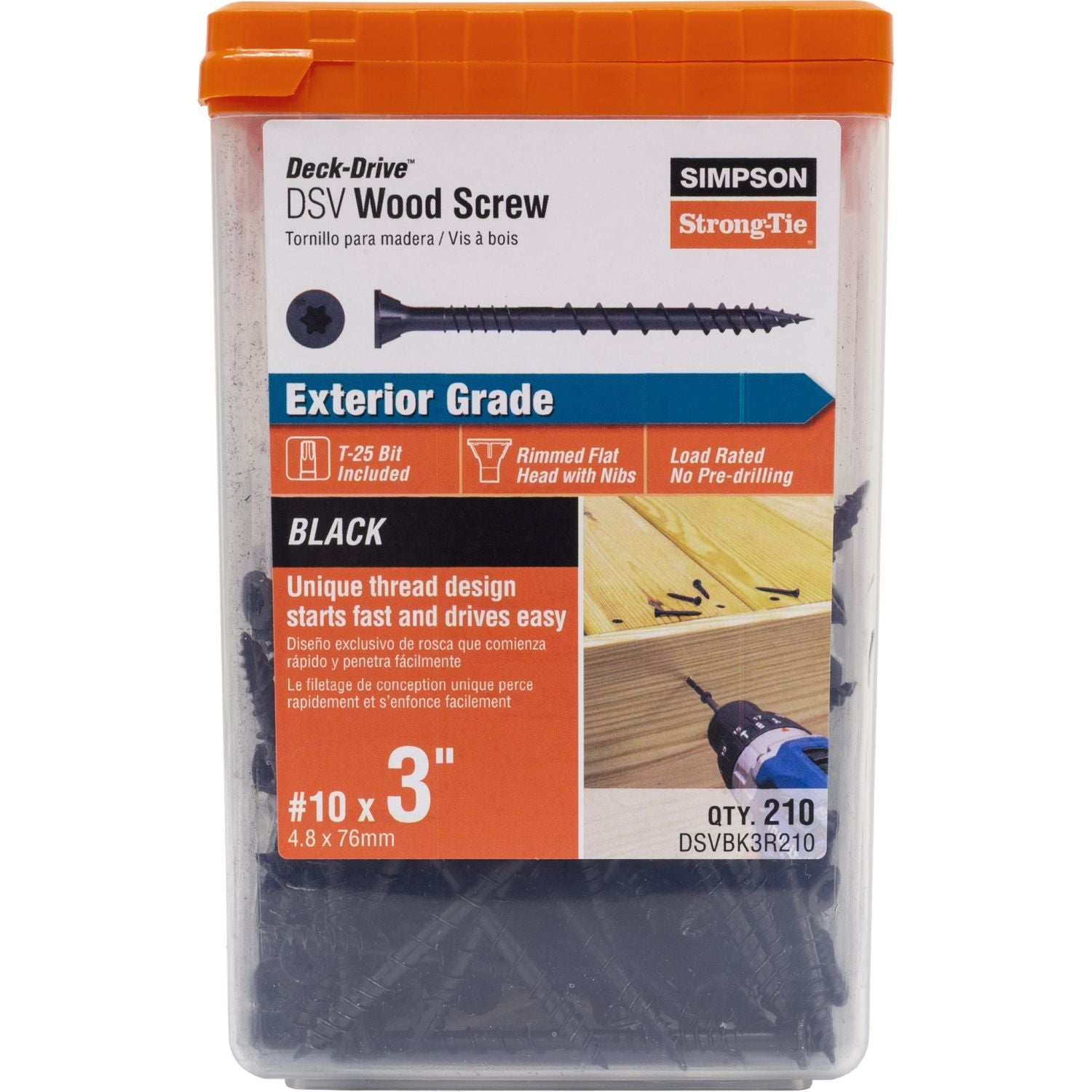 Simpson Strong-Tie DSVBK3R210 Deck-Drive DSV WOOD Screw,  #10 x 3-in. T25, Flat Head, Quik Guard, Black, 210-Pack