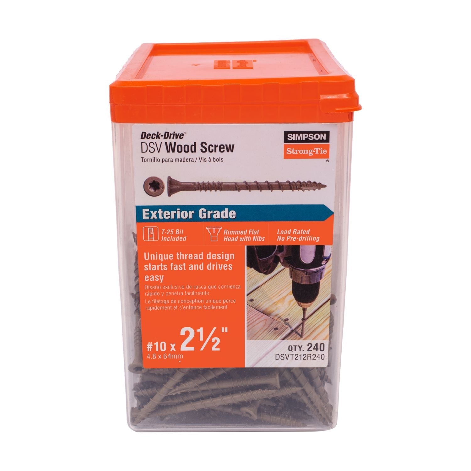 Simpson Strong-Tie DSVT212R240 Deck-Drive DSV WOOD Screw,  #10 x 2-1/2-in. T25, Flat Head, Quik Guard, Tan, 240-Pack