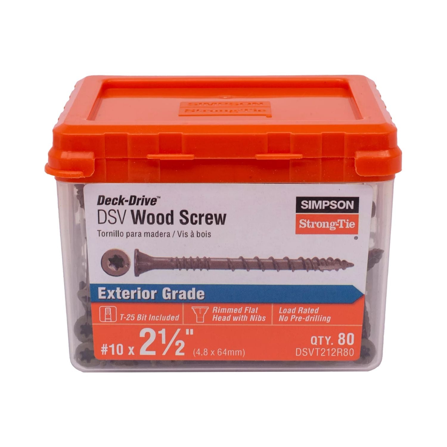 Simpson Strong-Tie DSVT212R80 Deck-Drive DSV WOOD Screw,  #10 x 2-1/2-in. T25, Flat Head, Quik Guard, Tan, 80-Pack