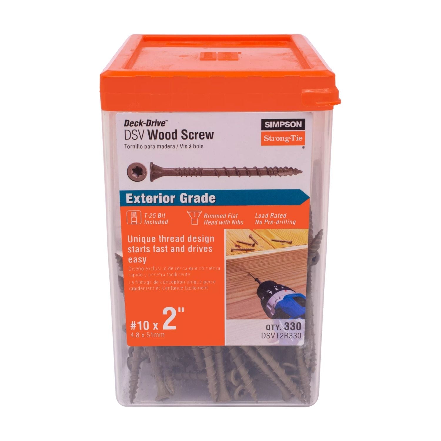 Simpson Strong-Tie DSVT2R330 Deck-Drive DSV WOOD Screw,  #10 x 2-in. T25, Flat Head, Quik Guard, Tan, 330-Pack