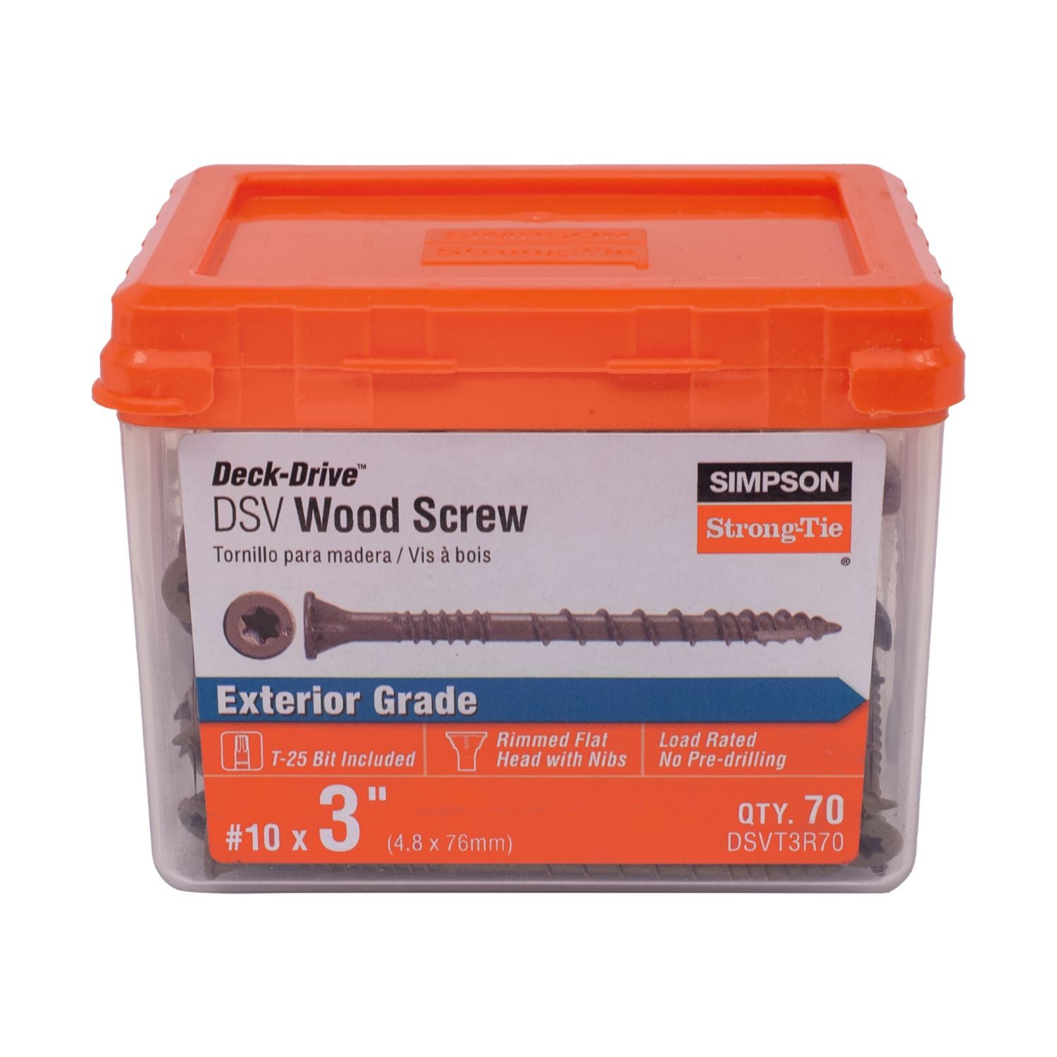 Simpson Strong-Tie DSVT3R70 Deck-Drive DSV WOOD Screw,  #10 x 3-in. T25, Flat Head, Quik Guard, Tan, 70-Pack