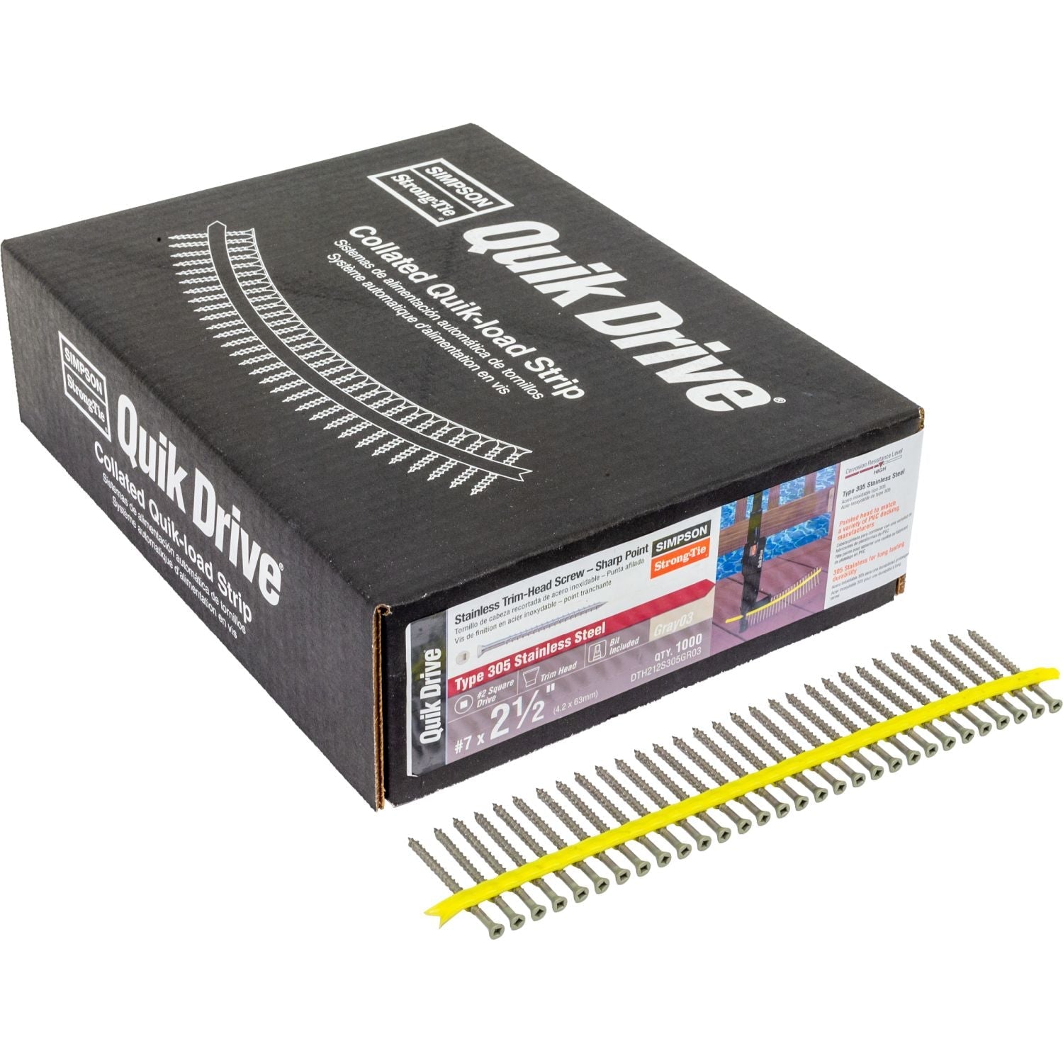 Simpson Strong-Tie DTH212S305GR03 Trim-Head Screw,  Sharp Point (Collated),  #7 x 2-1/2-in. #2 Square Type 305 Gray 03, 1000-Pack