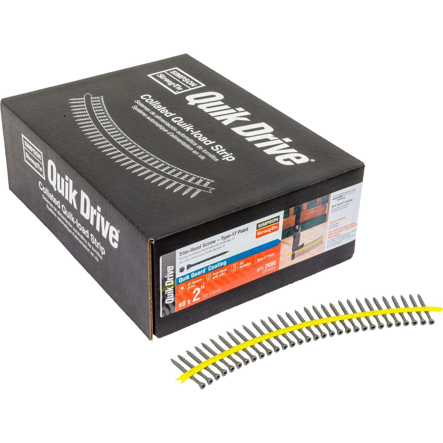 Simpson Strong-Tie DTHQ2S Trim-Head Screw, Type-17 Point,  #8 x 2-in. #2U Square Drive, Quik Guard, 2000-Pack