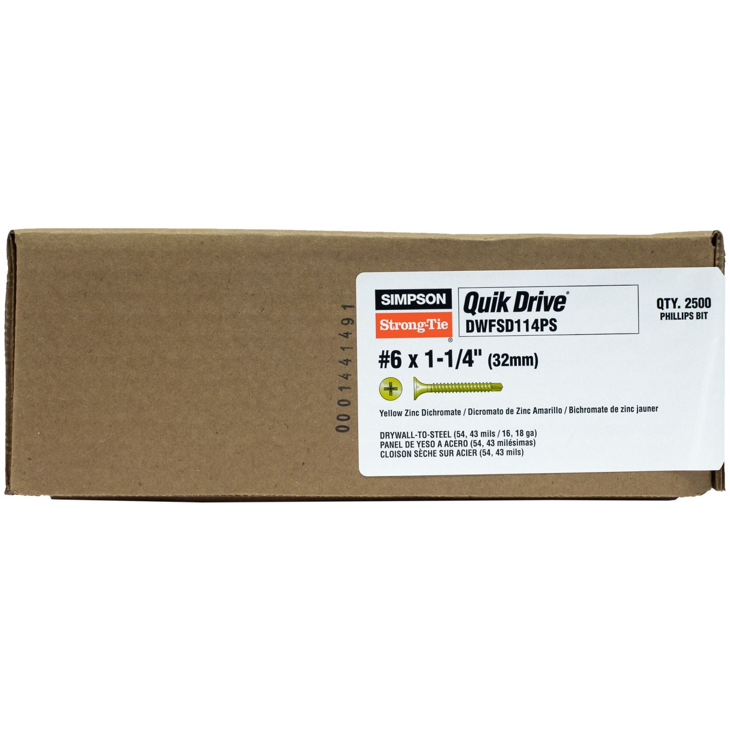 Simpson Strong-Tie DWFSD114PS DWFSD Drywall-to-CFS Screw (Collated),  #6 x 1-1/4-in. #2 Phillips, Yellow Zinc, 2500-Pack