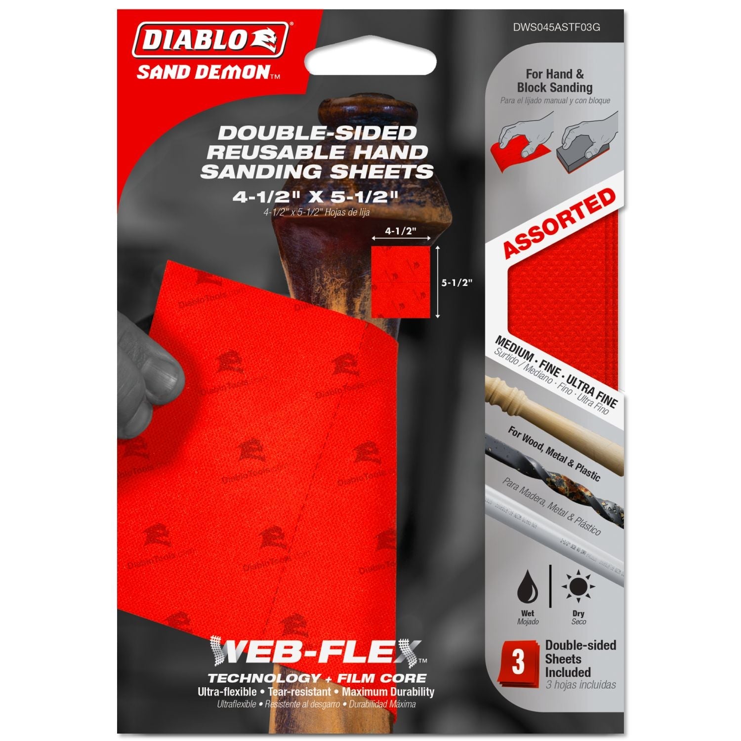Diablo DWS045ASTF03G 3-Piece Sand Demon 4-1/2 in. x 5-1/2 in. Handing Sanding Sheet Assortment Set