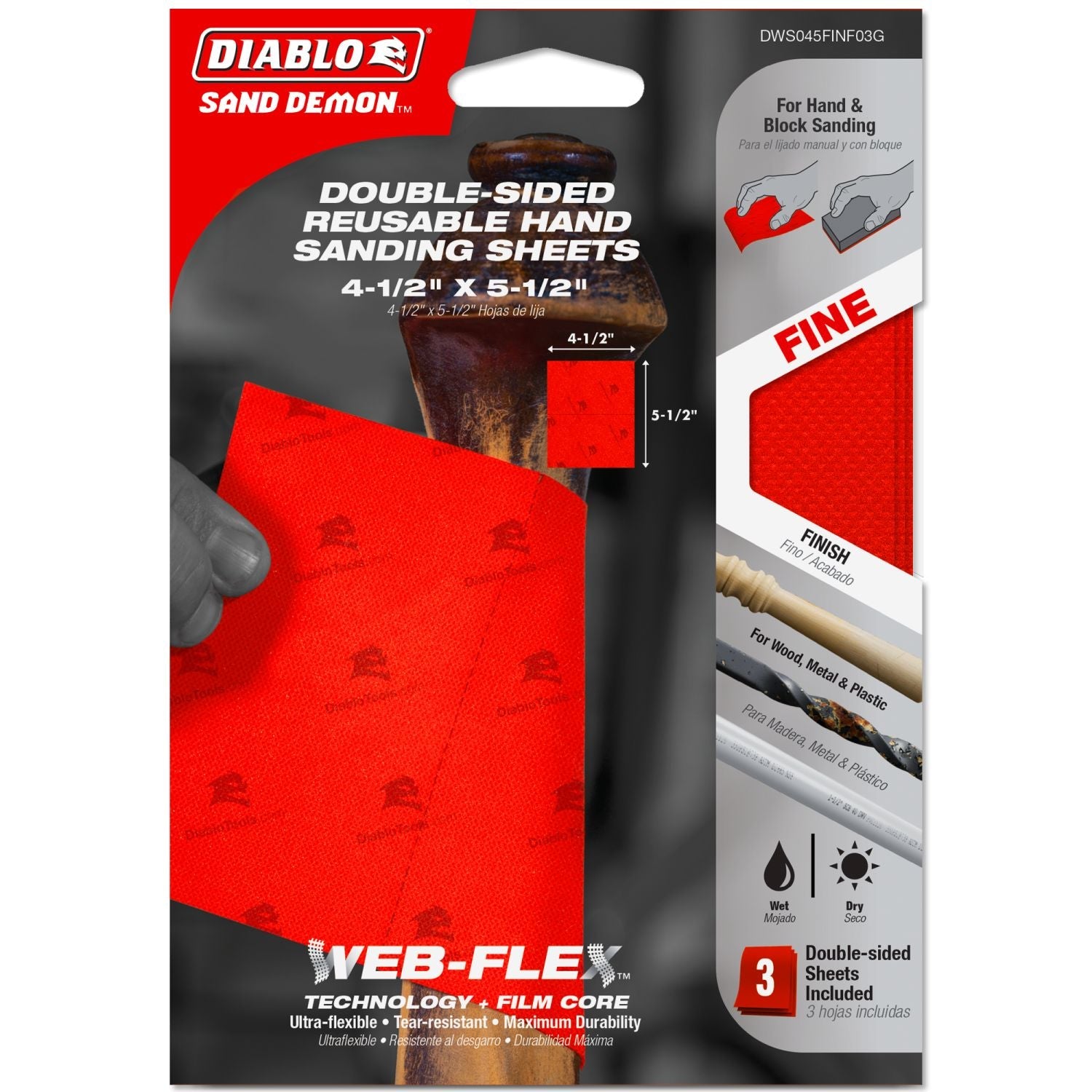 Diablo DWS045FINF03G 3-Piece Sand Demon 4-1/2 in. x 5-1/2 in. Fine Grit Handing Sanding Sheet Assortment Set