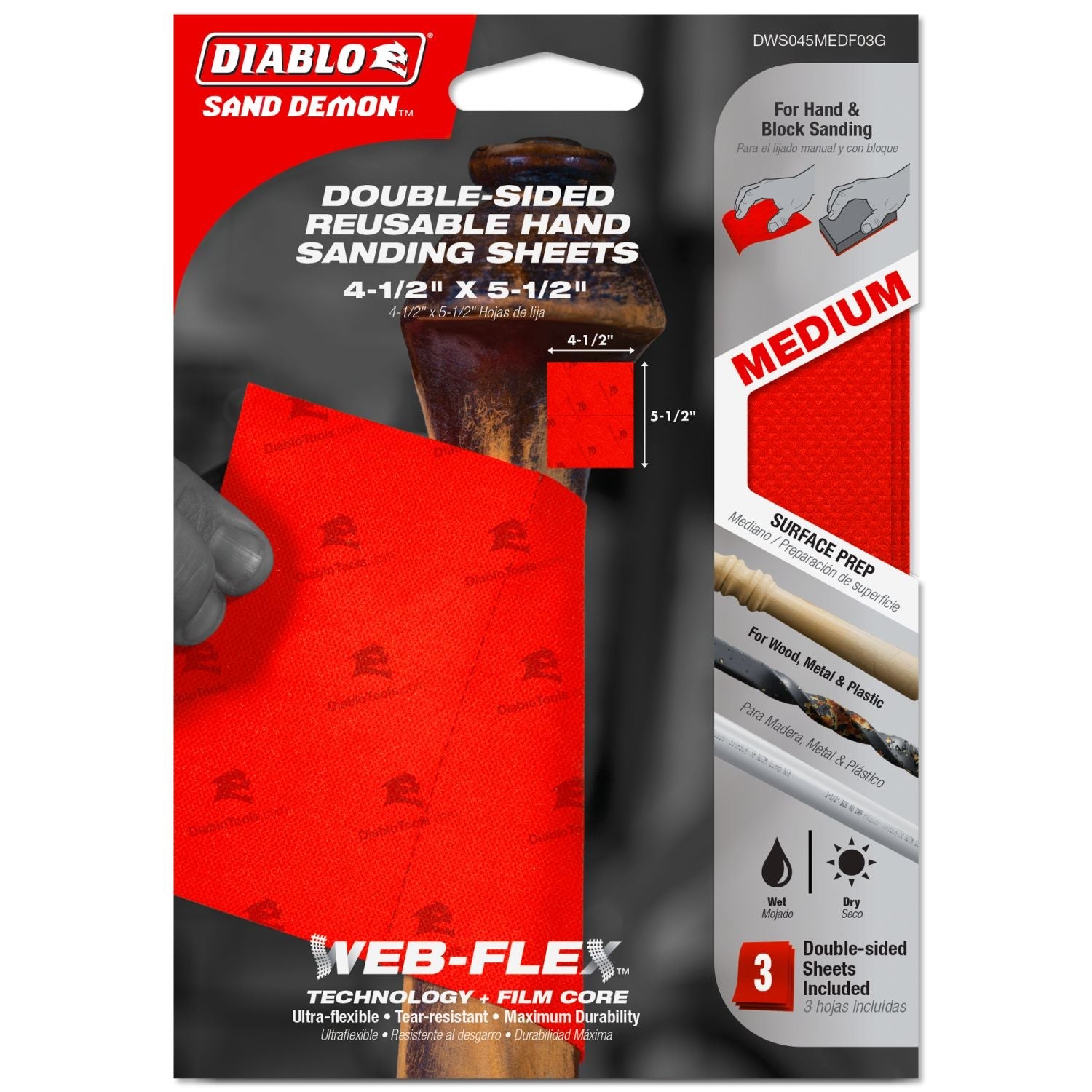 Diablo DWS045MEDF03G 3-Piece Sand Demon 4-1/2 in. x 5-1/2 in. Medium Grit Handing Sanding Sheet Assortment Set