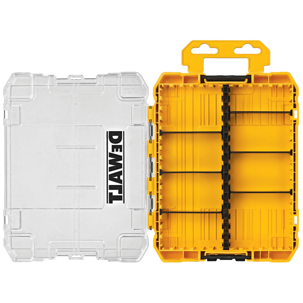 DEWALT DWAN2190 ToughCase+ medium bit storage case opened flat, showing the clear lid and yellow interior with black bit bars