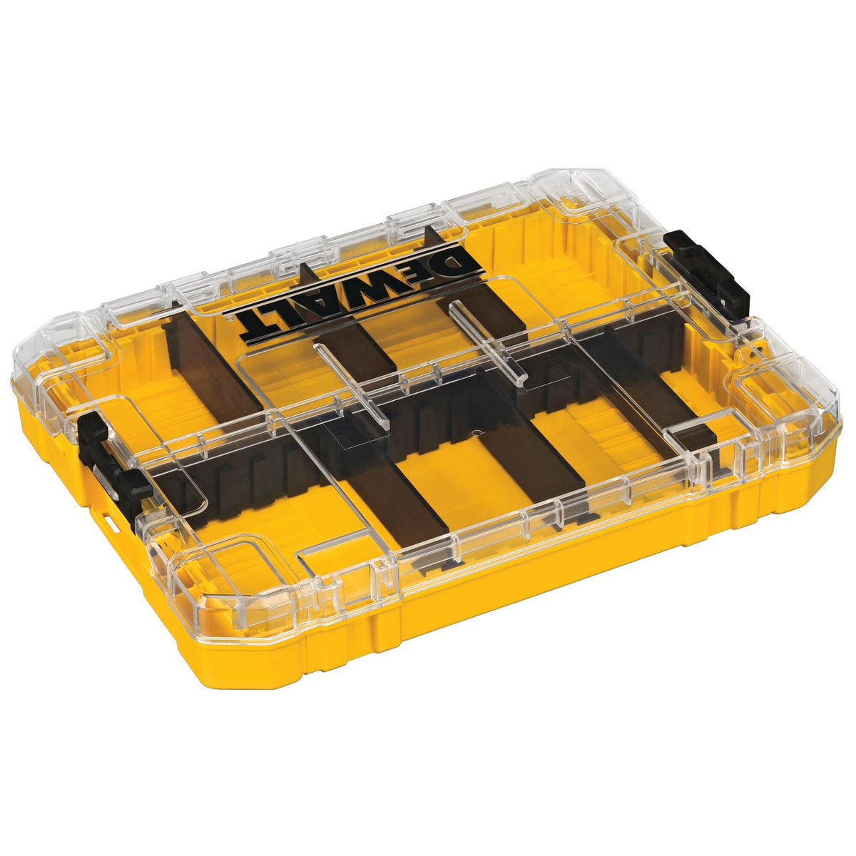 DEWALT DWAN2190 ToughCase+ medium case closed, angled view showing compartments through the clear lid