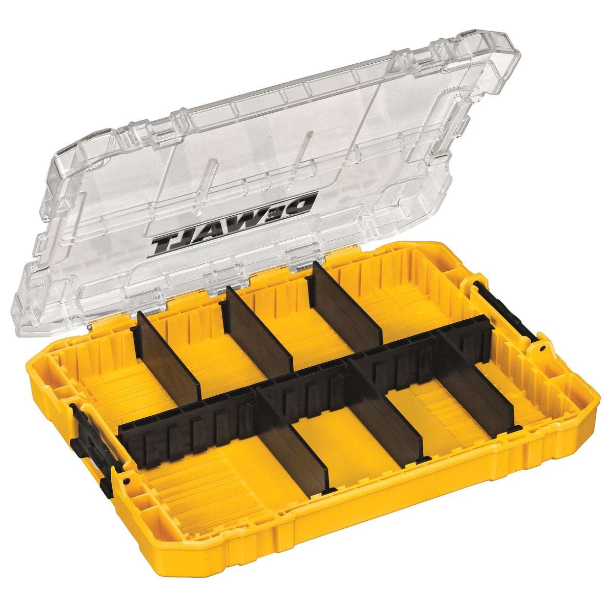 DEWALT ToughCase+ medium case DWAN2190 with lid raised, showing compartment layout for organizing driver bits and accessories
